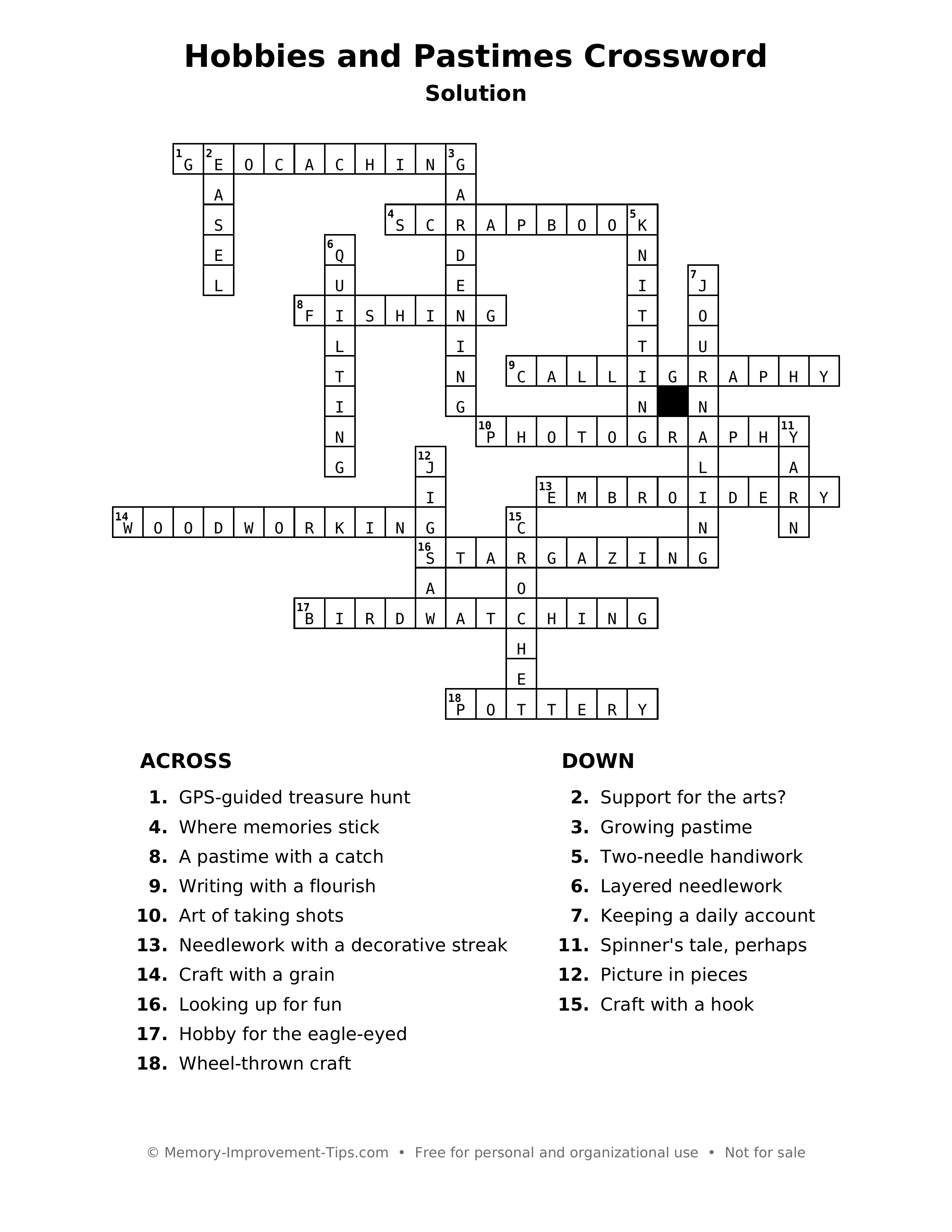 Answer key: Hobbies and Pastimes Crossword