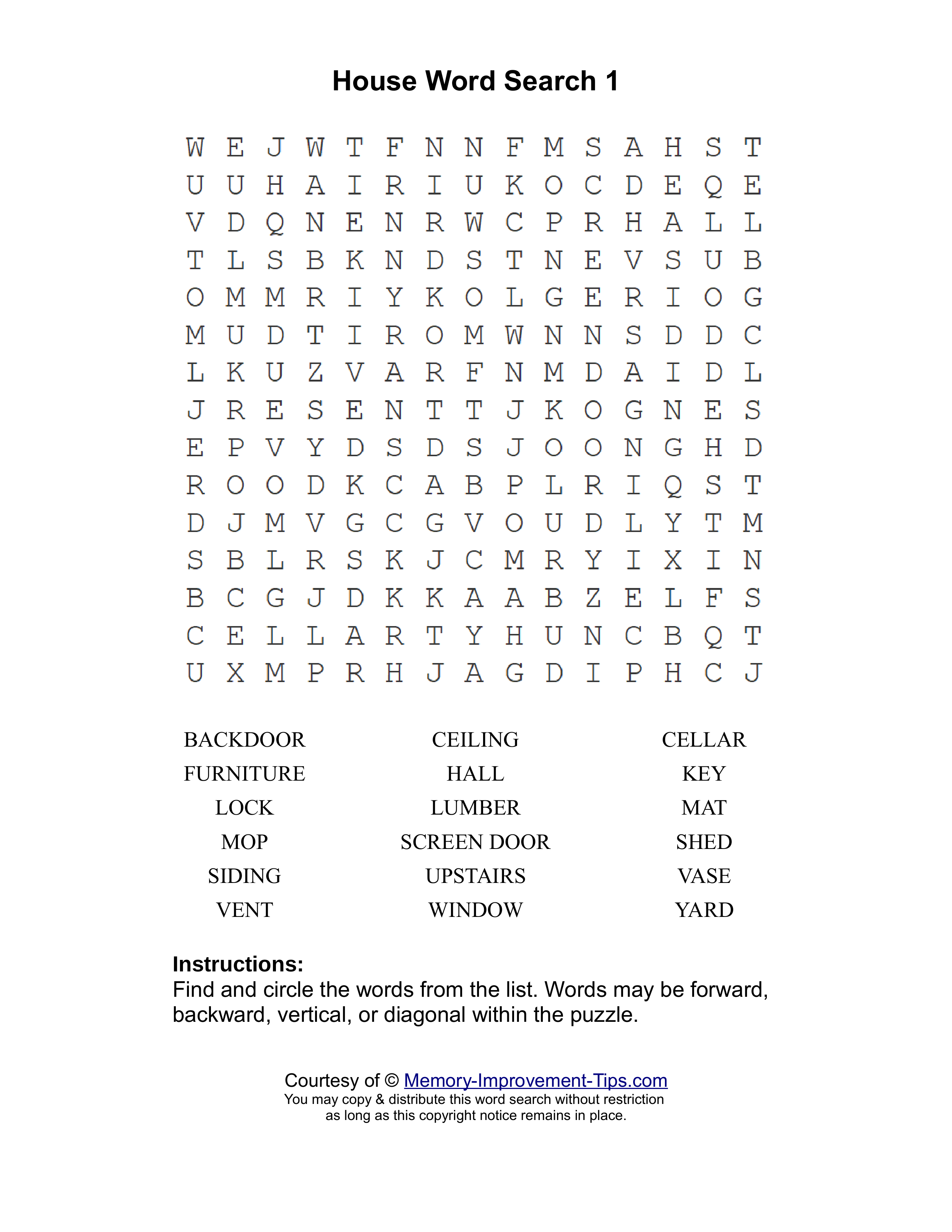 House 1 word search printable puzzle