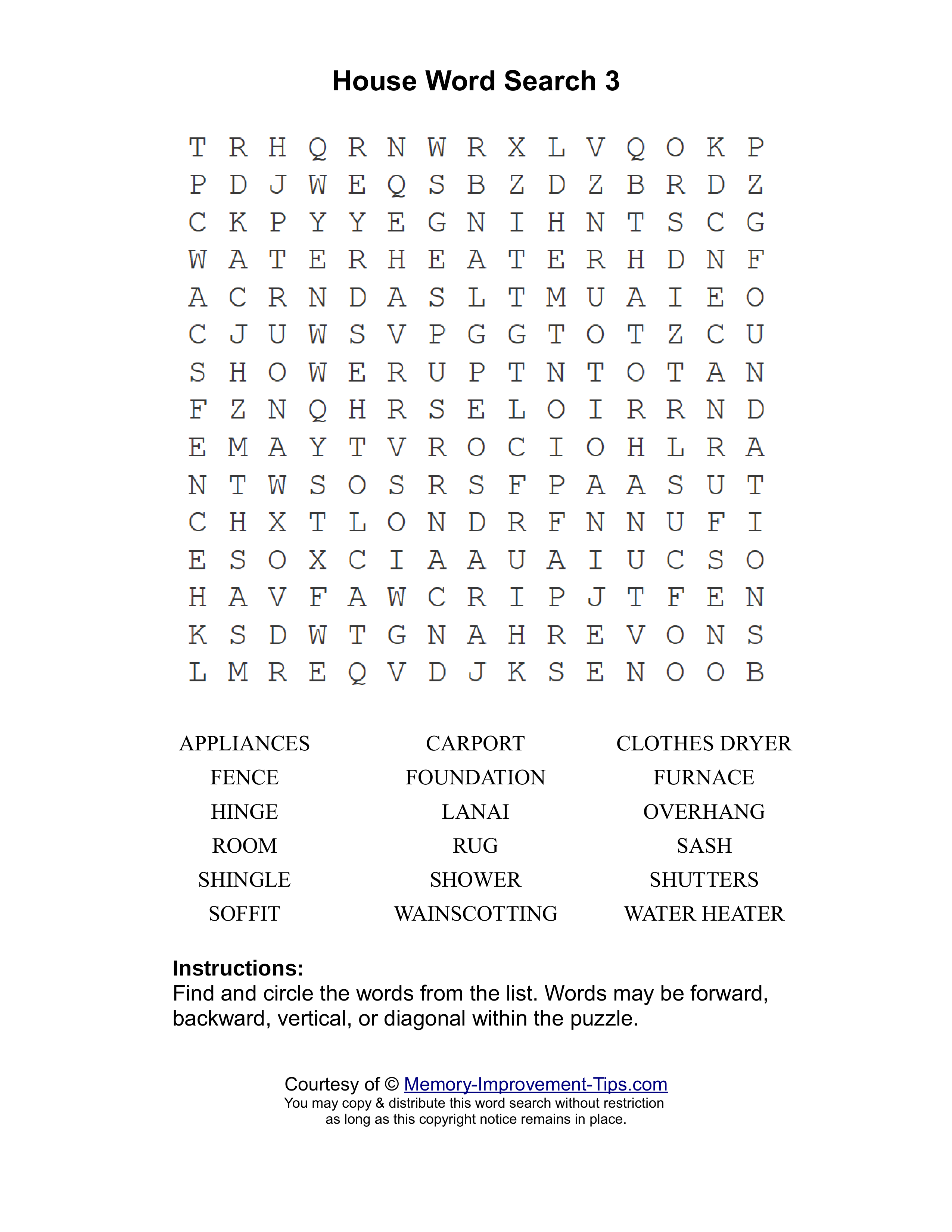 House 3 word search printable puzzle