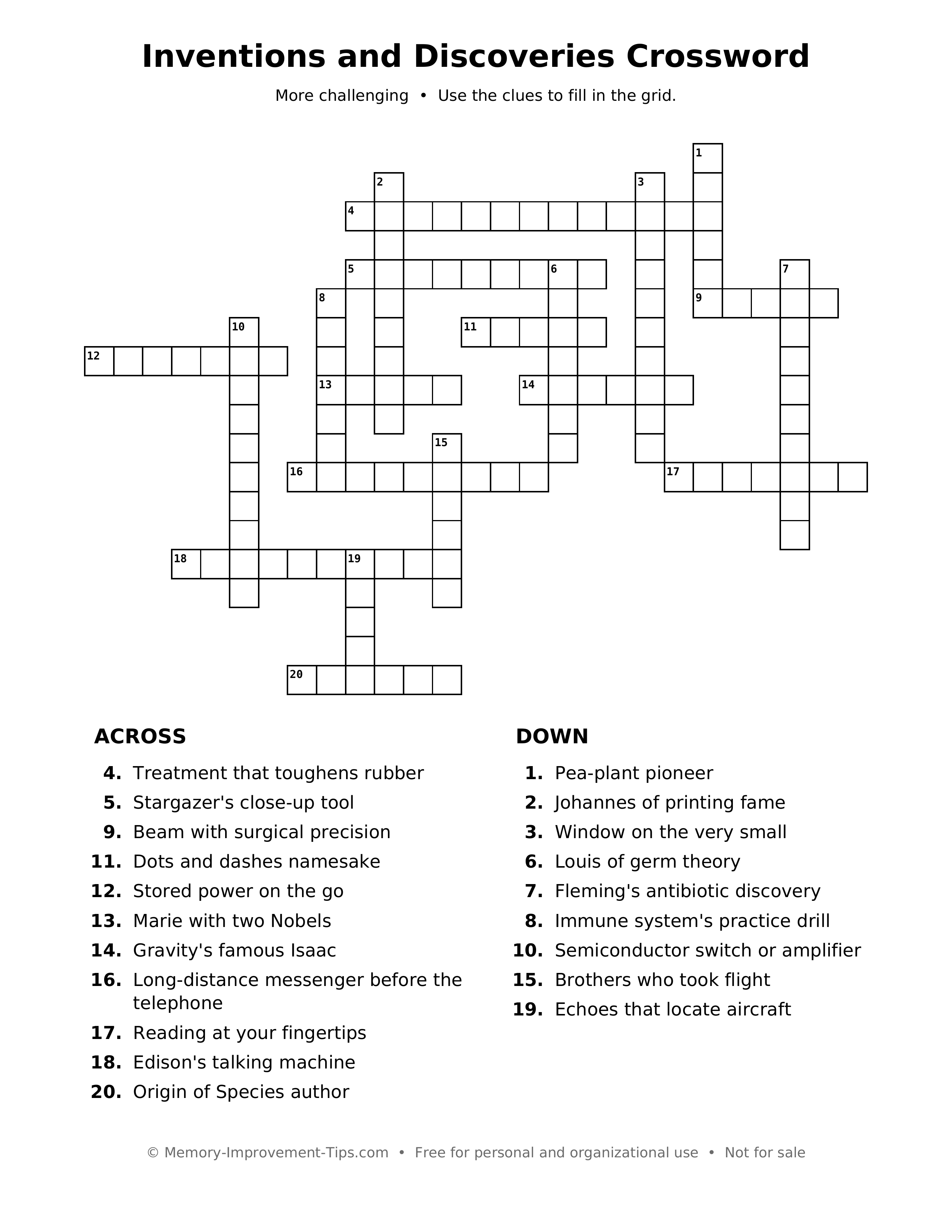 Printable puzzle: Inventions and Discoveries Crossword