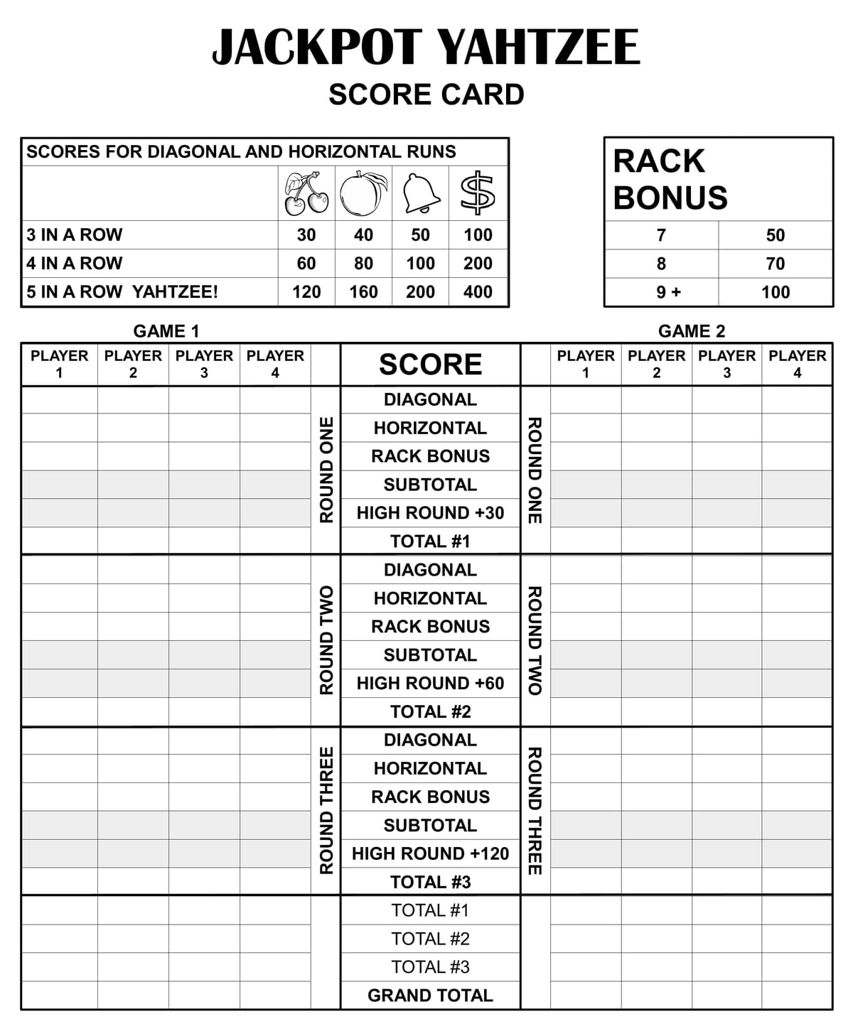 Free Jackpot Yahtzee Score Sheet