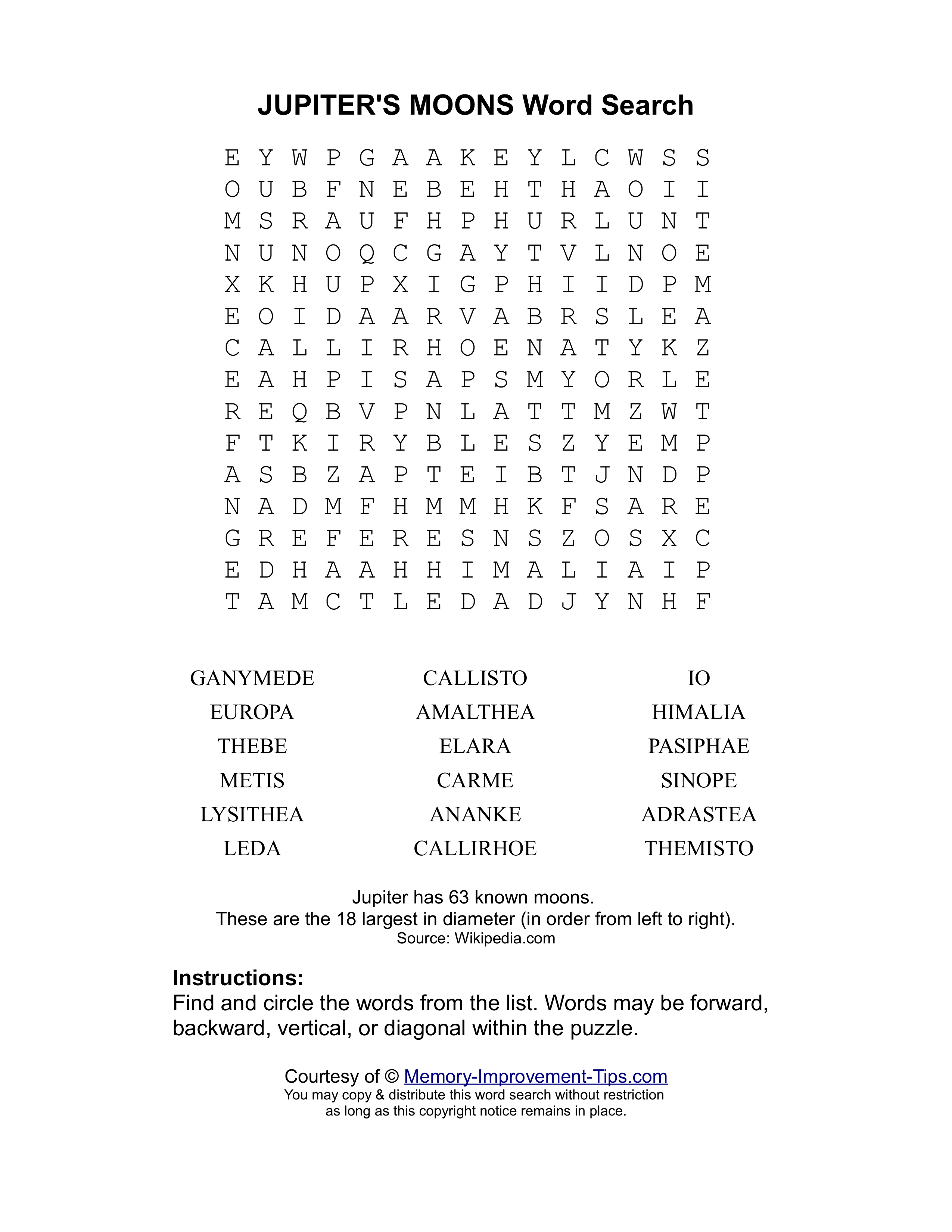 Jupiter's Moons word search printable puzzle