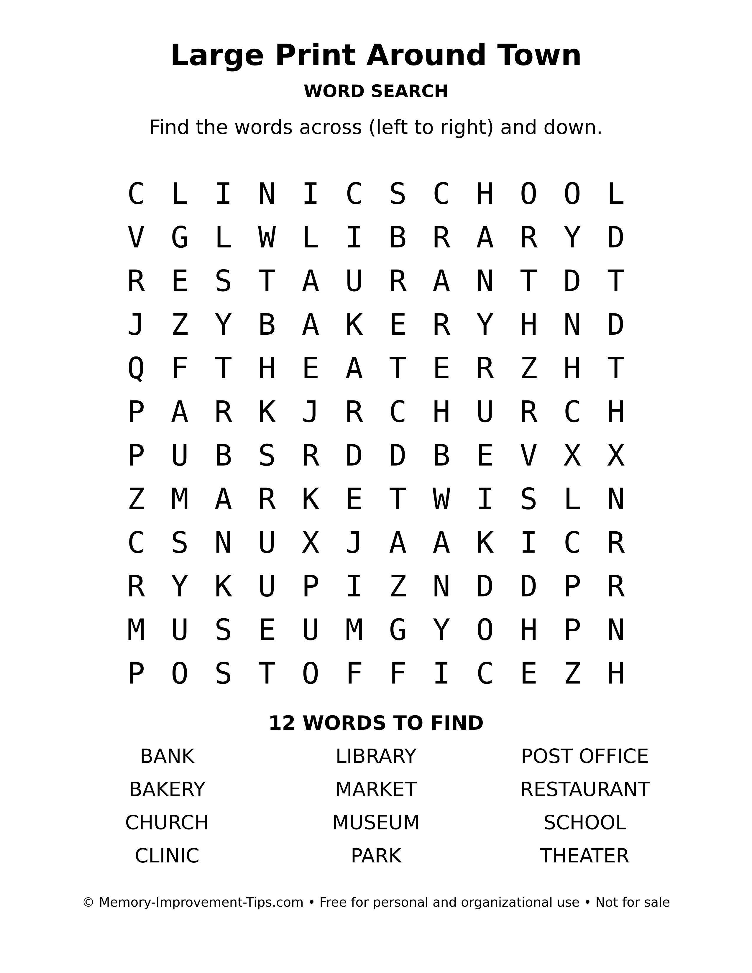 Printable puzzle: Large Print Around Town word search