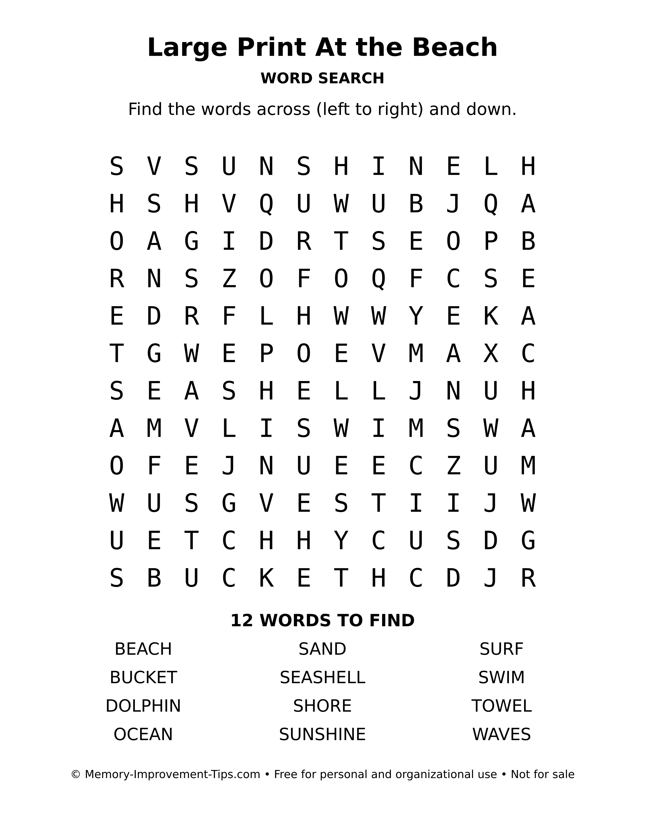 Printable puzzle: Large Print At the Beach word search