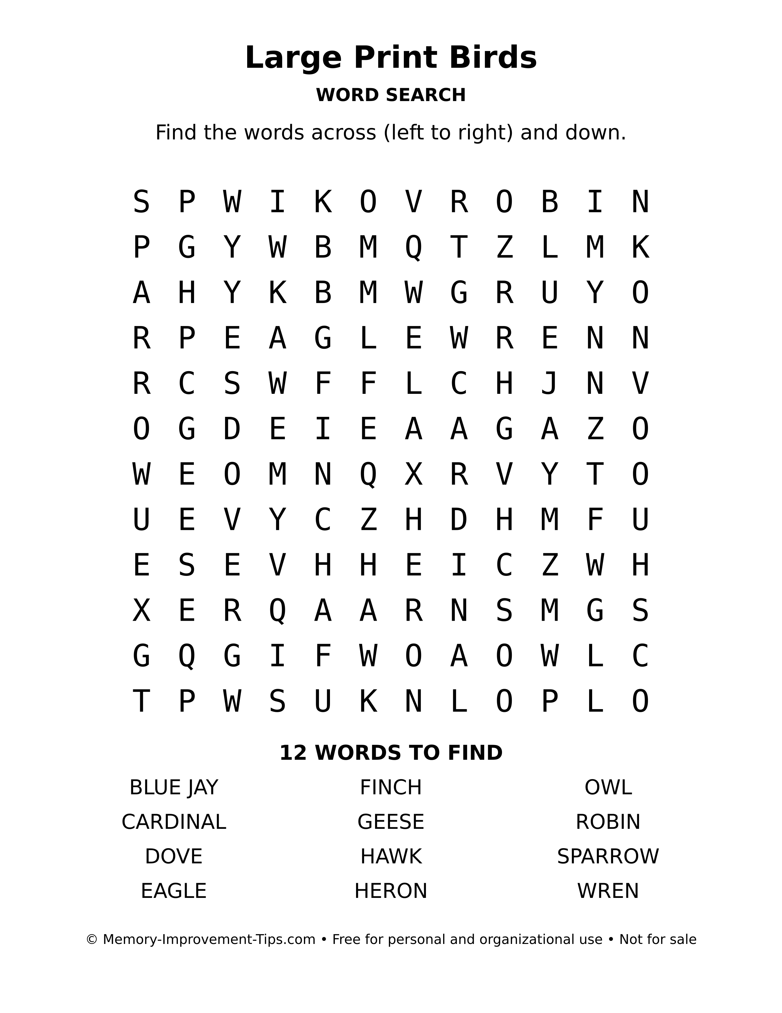 Printable puzzle: Large Print Birds word search