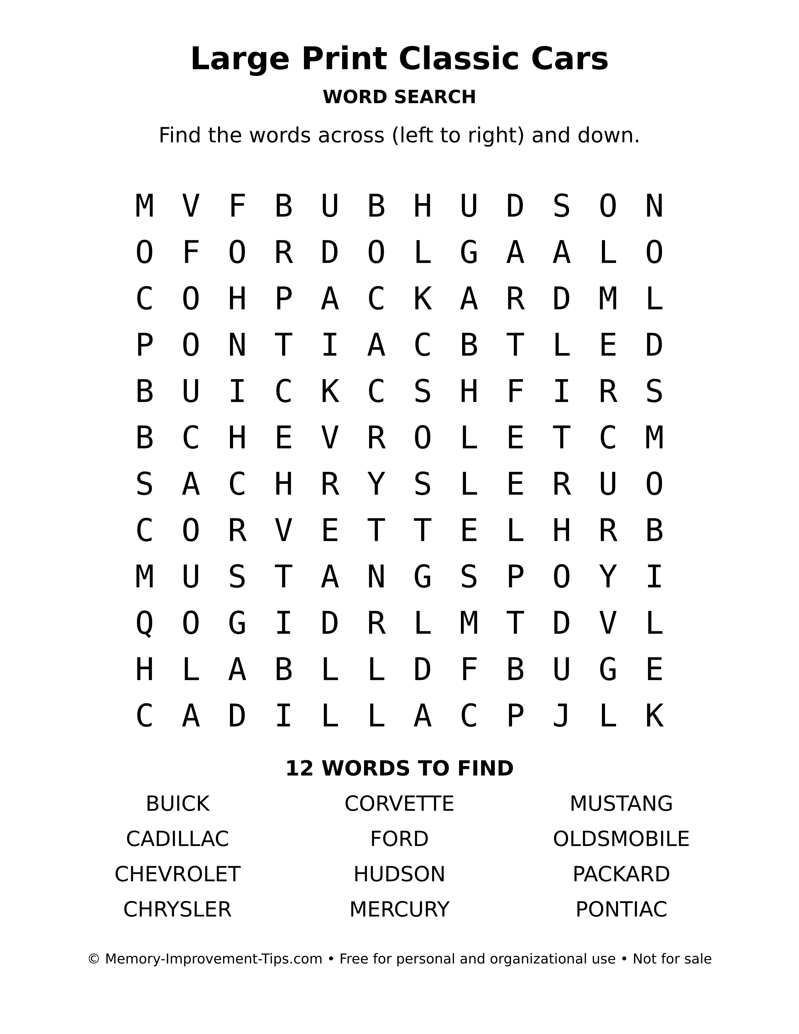 Printable puzzle: Large Print Classic Cars word search
