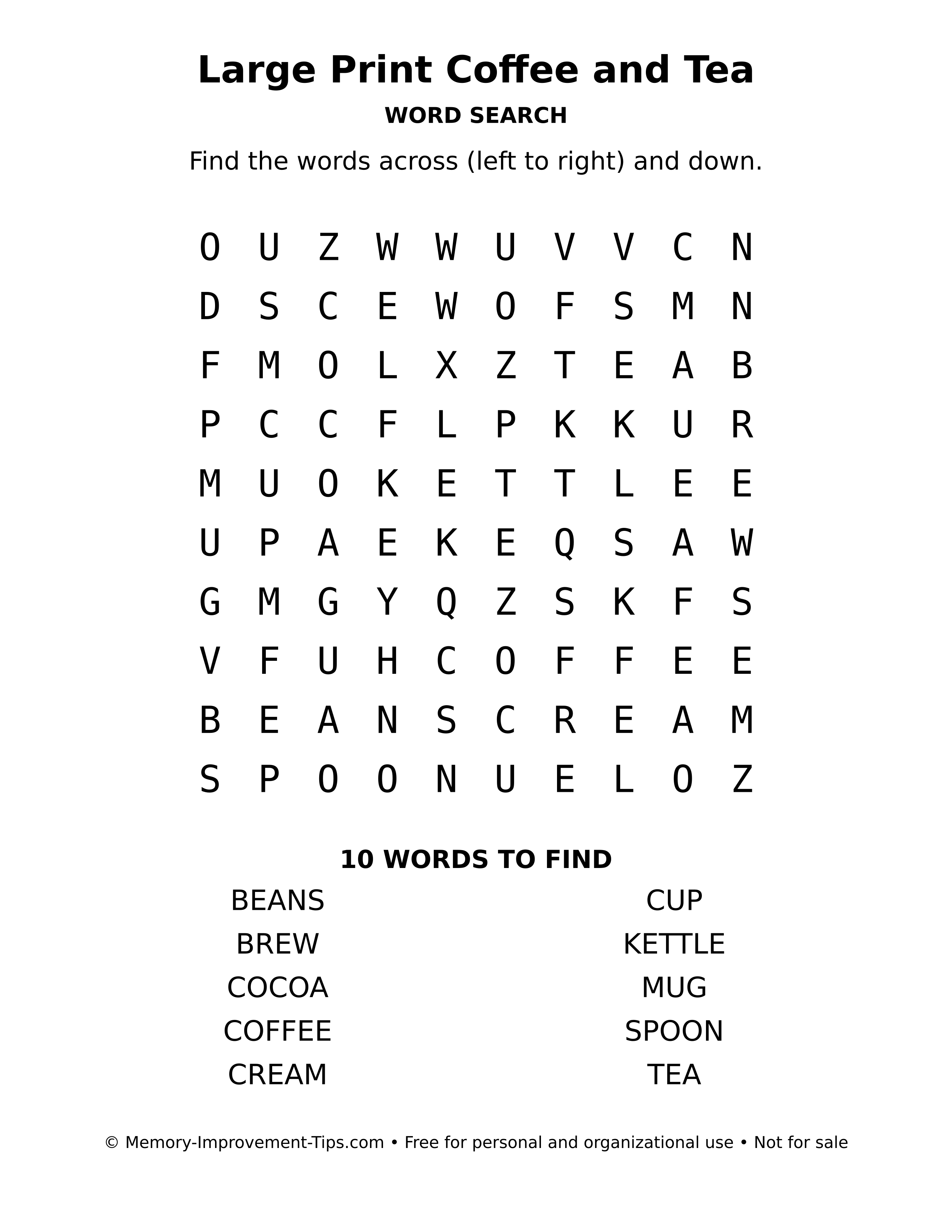 Printable puzzle: Large Print Coffee and Tea word search