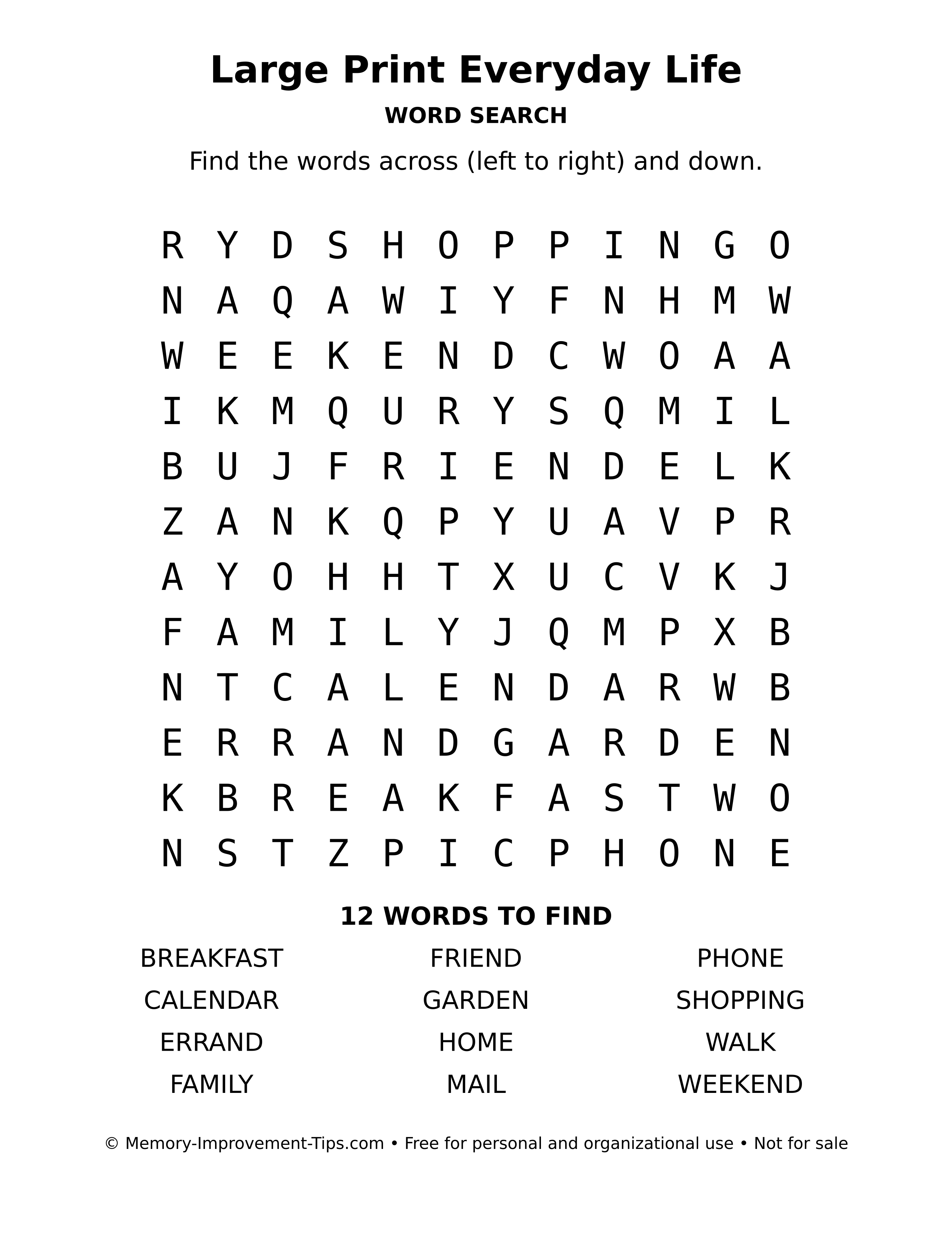Printable puzzle: Large Print Everyday Life word search