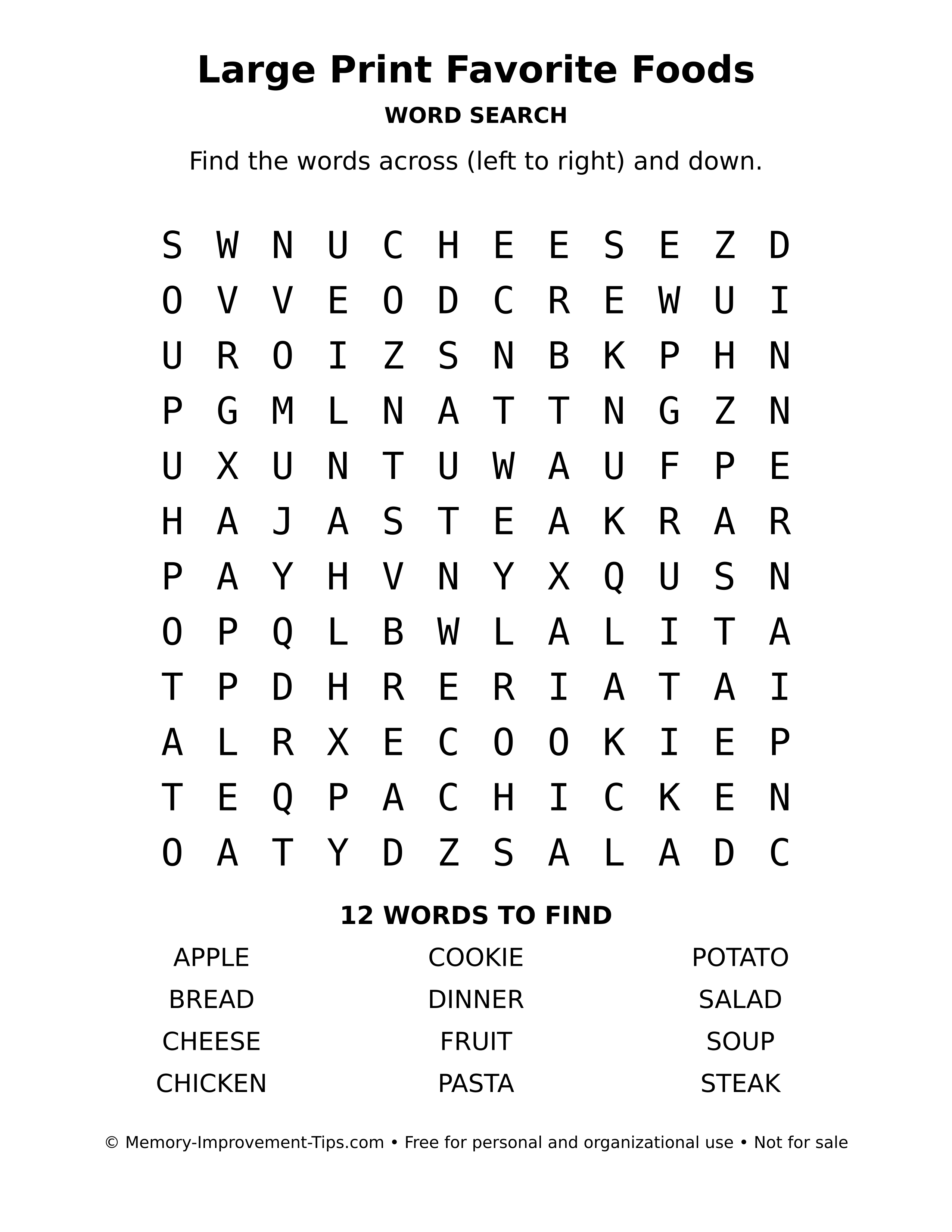 Printable puzzle: Large Print Favorite Foods word search