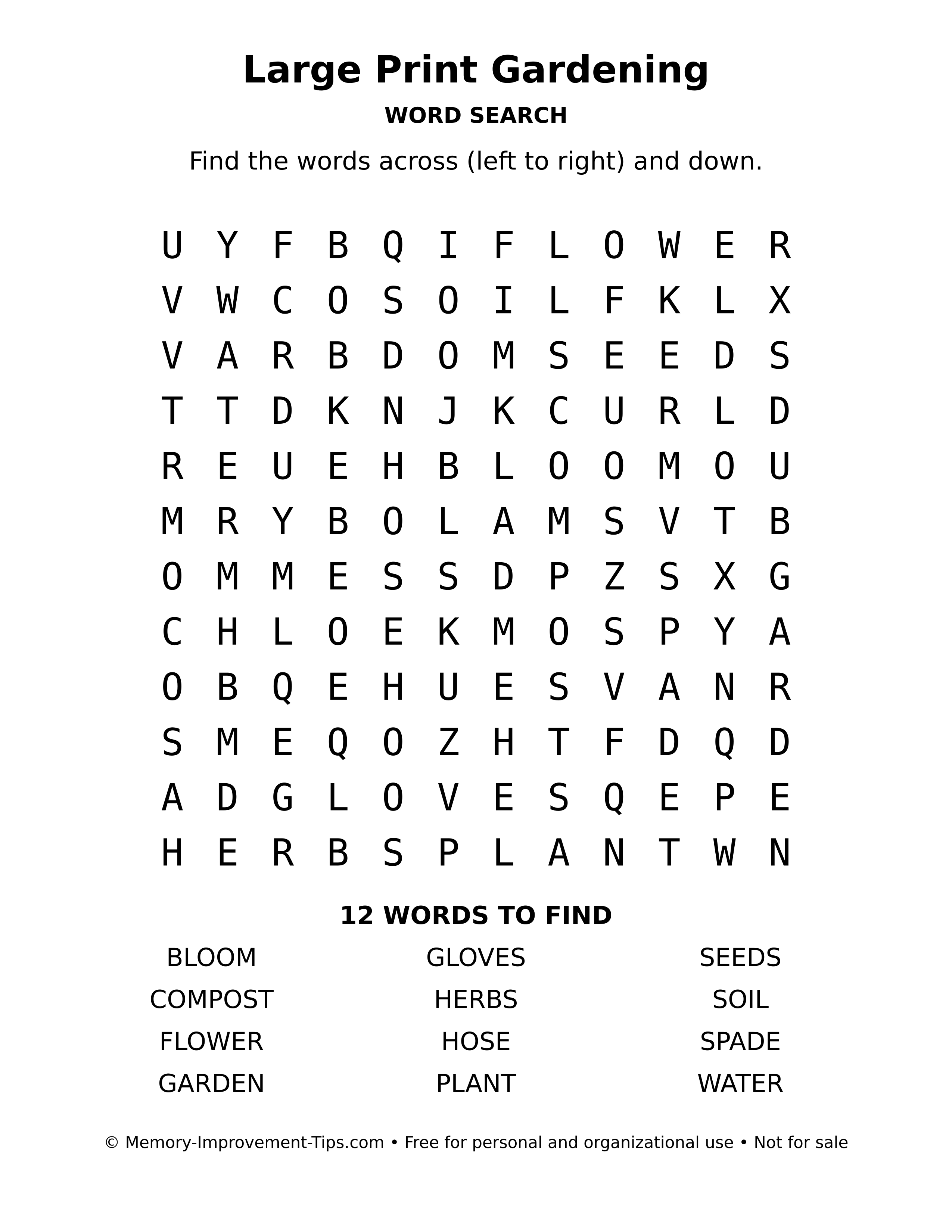 Printable puzzle: Large Print Gardening word search