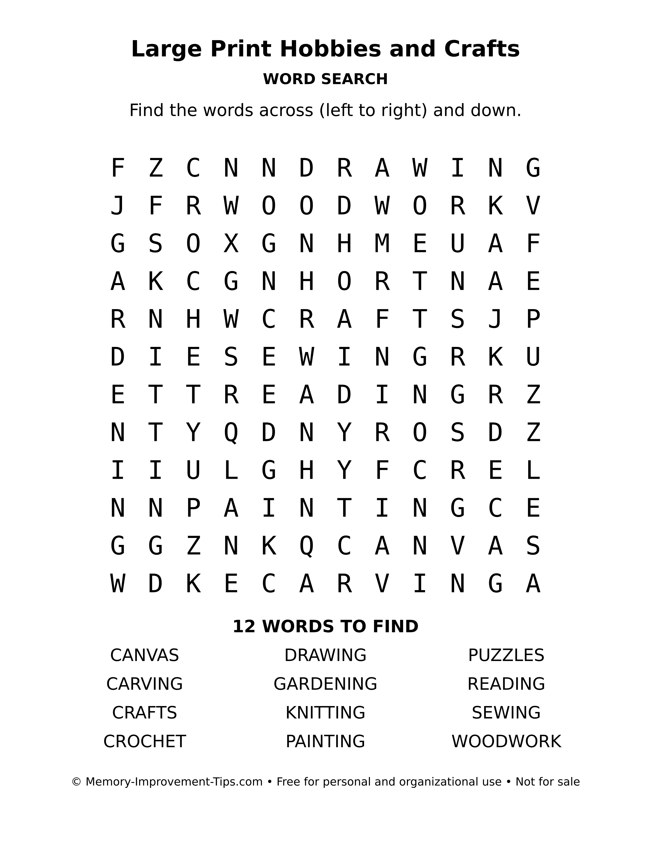 Printable puzzle: Large Print Hobbies and Crafts word search