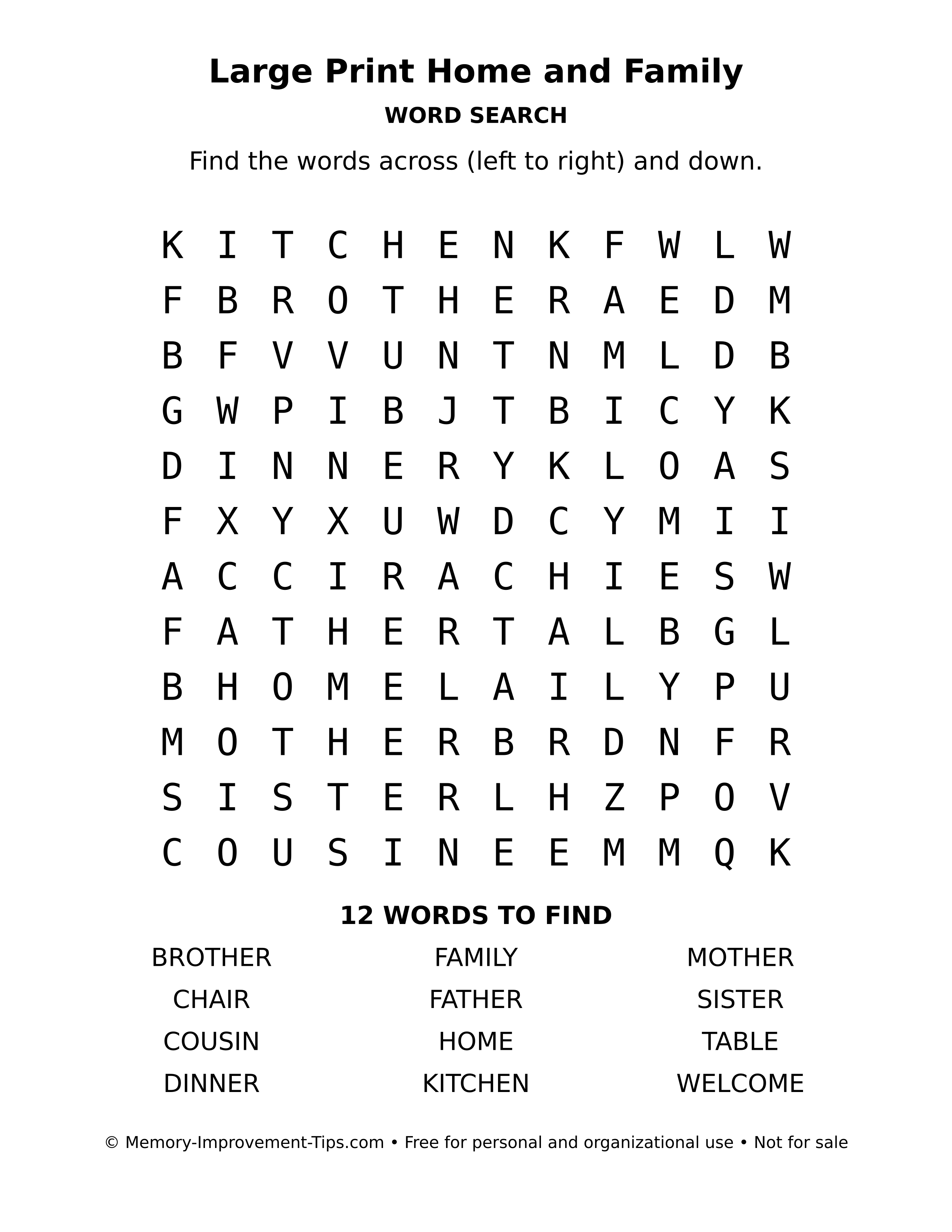 Printable puzzle: Large Print Home and Family word search