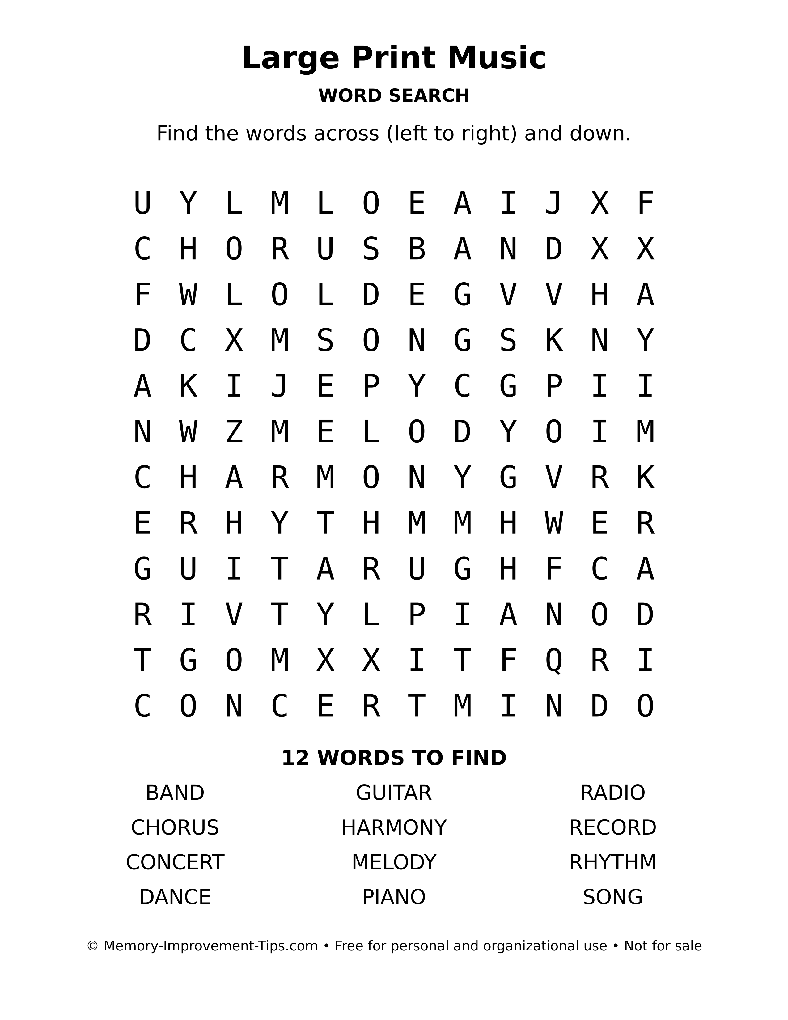Printable puzzle: Large Print Music word search