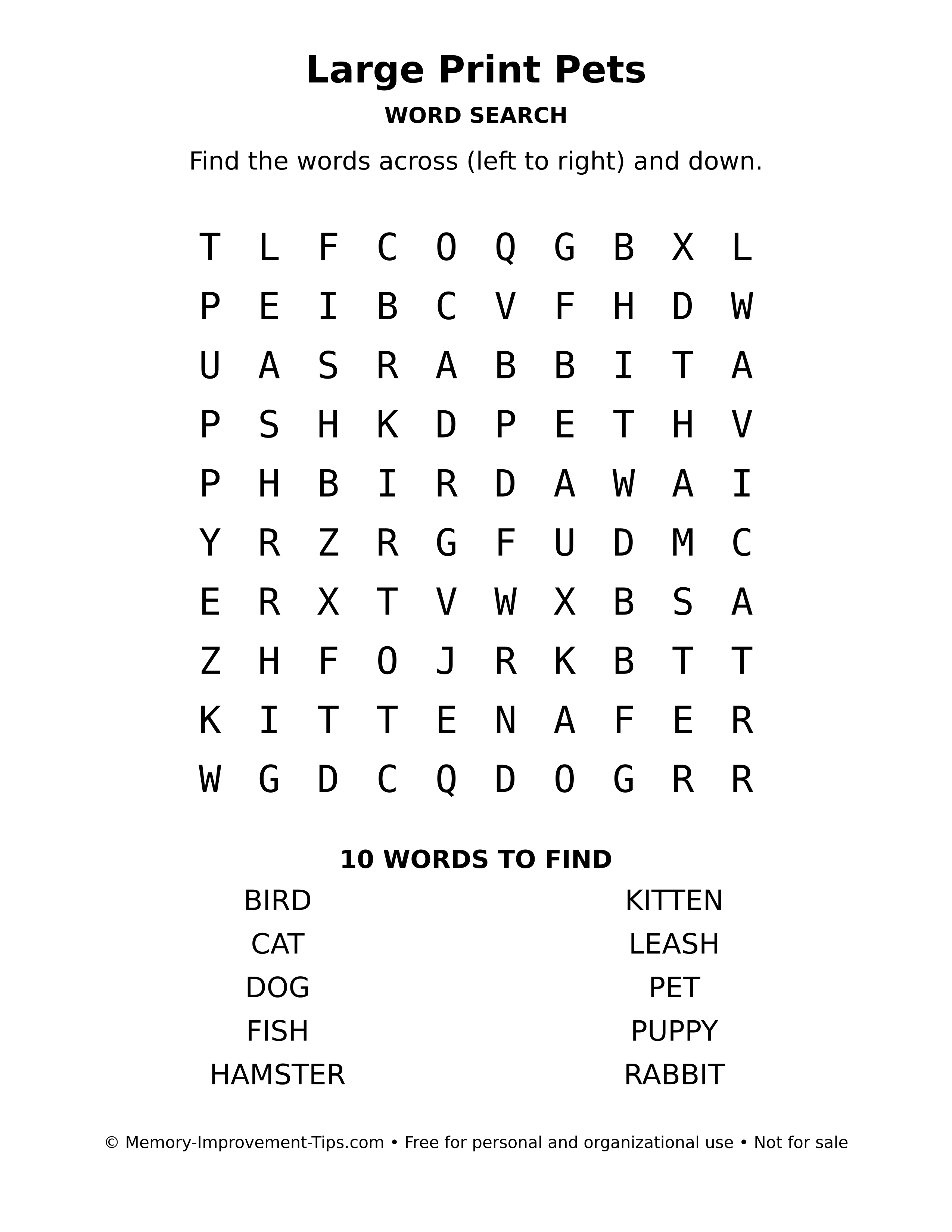 Printable puzzle: Large Print Pets word search
