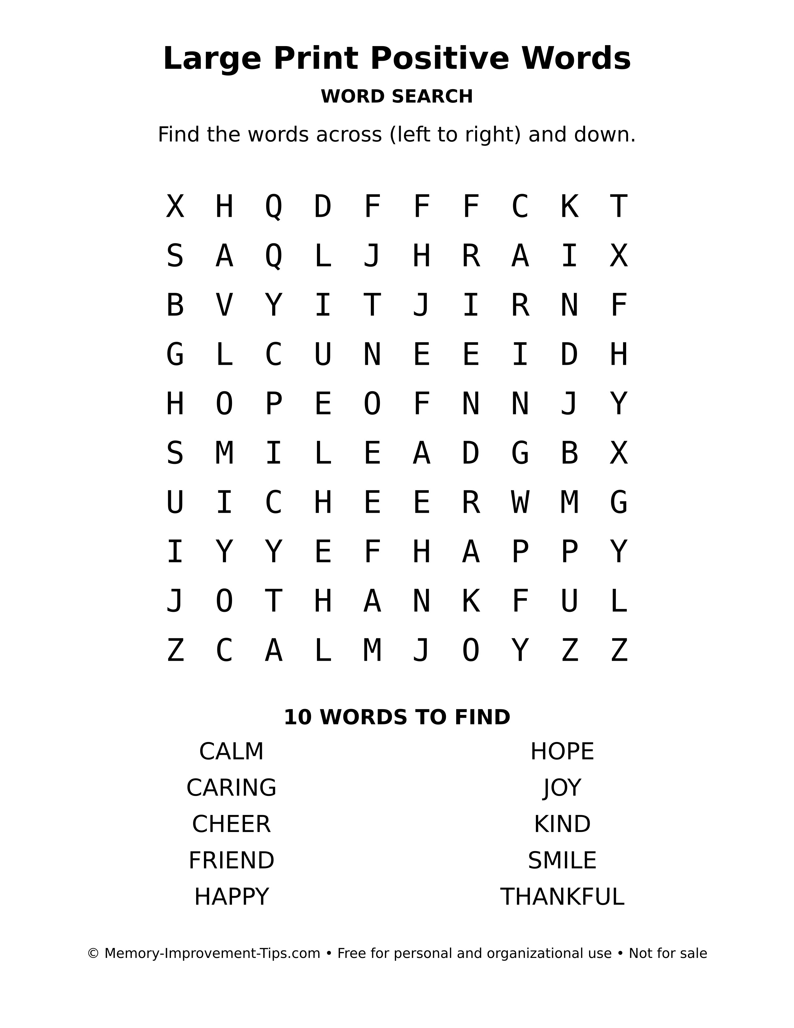 Printable puzzle: Large Print Positive Words word search