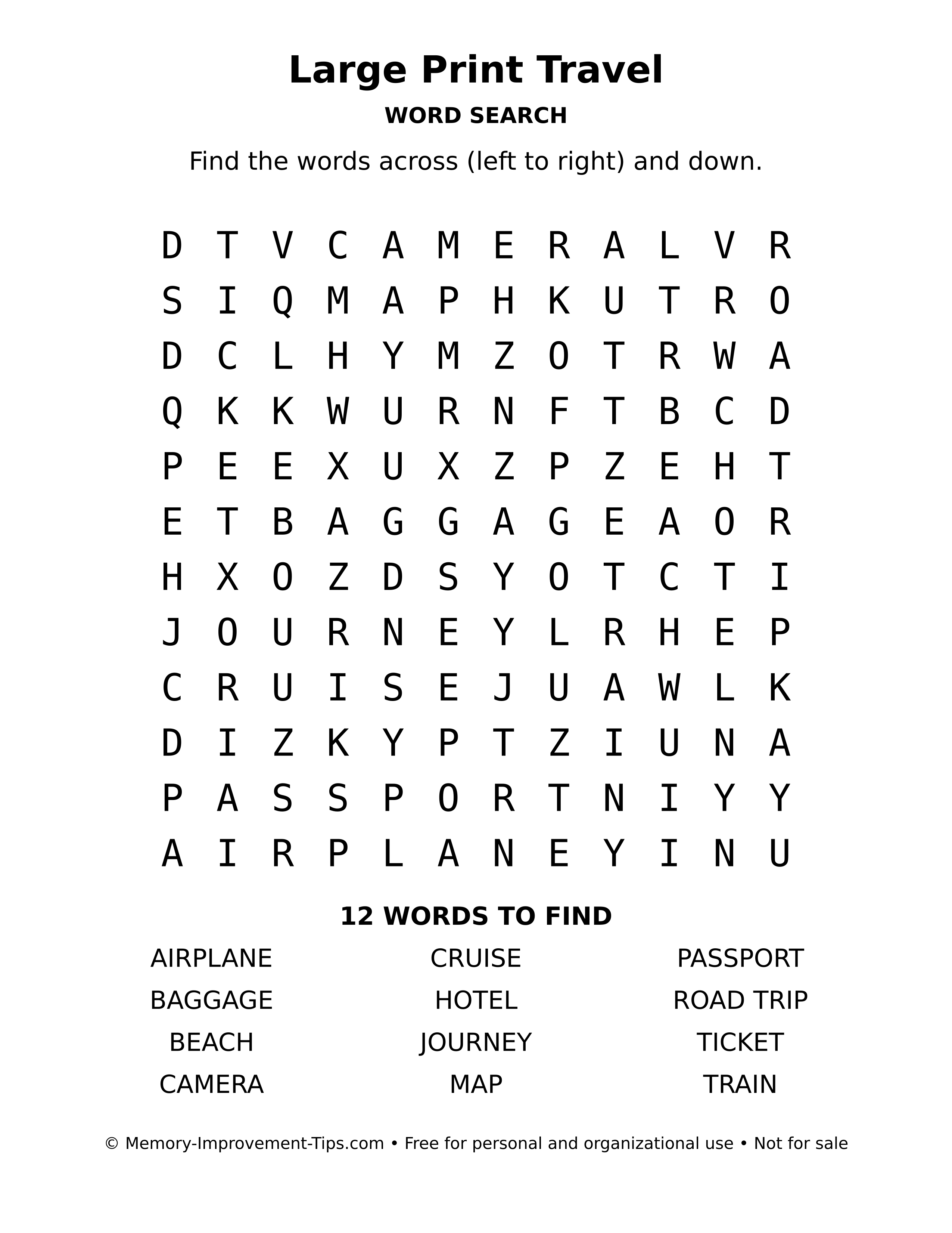 Printable puzzle: Large Print Travel word search
