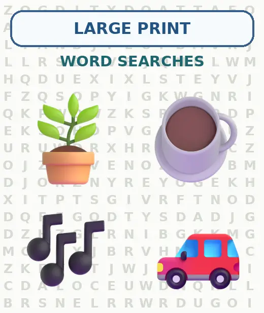 Gardening, coffee, music, and classic car icons over a large print word search