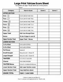 Large print Yahtzee score sheet with two game columns and larger writing boxes