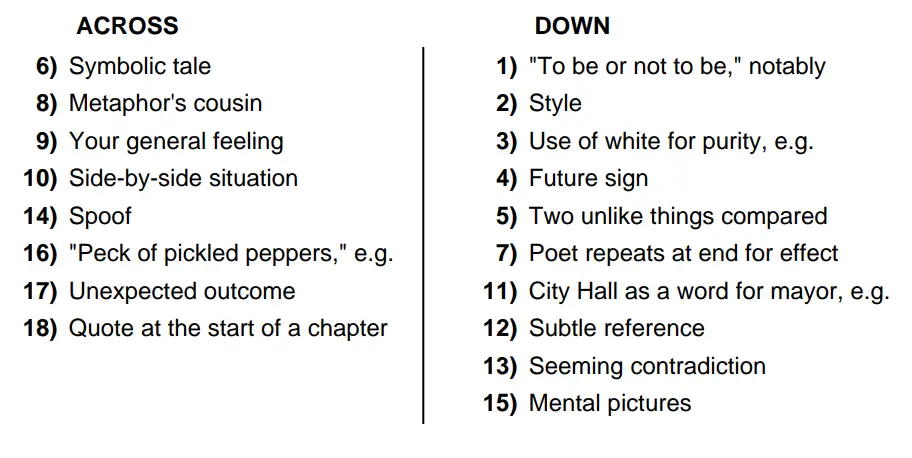 Literary Terms Crossword Puzzle Clues