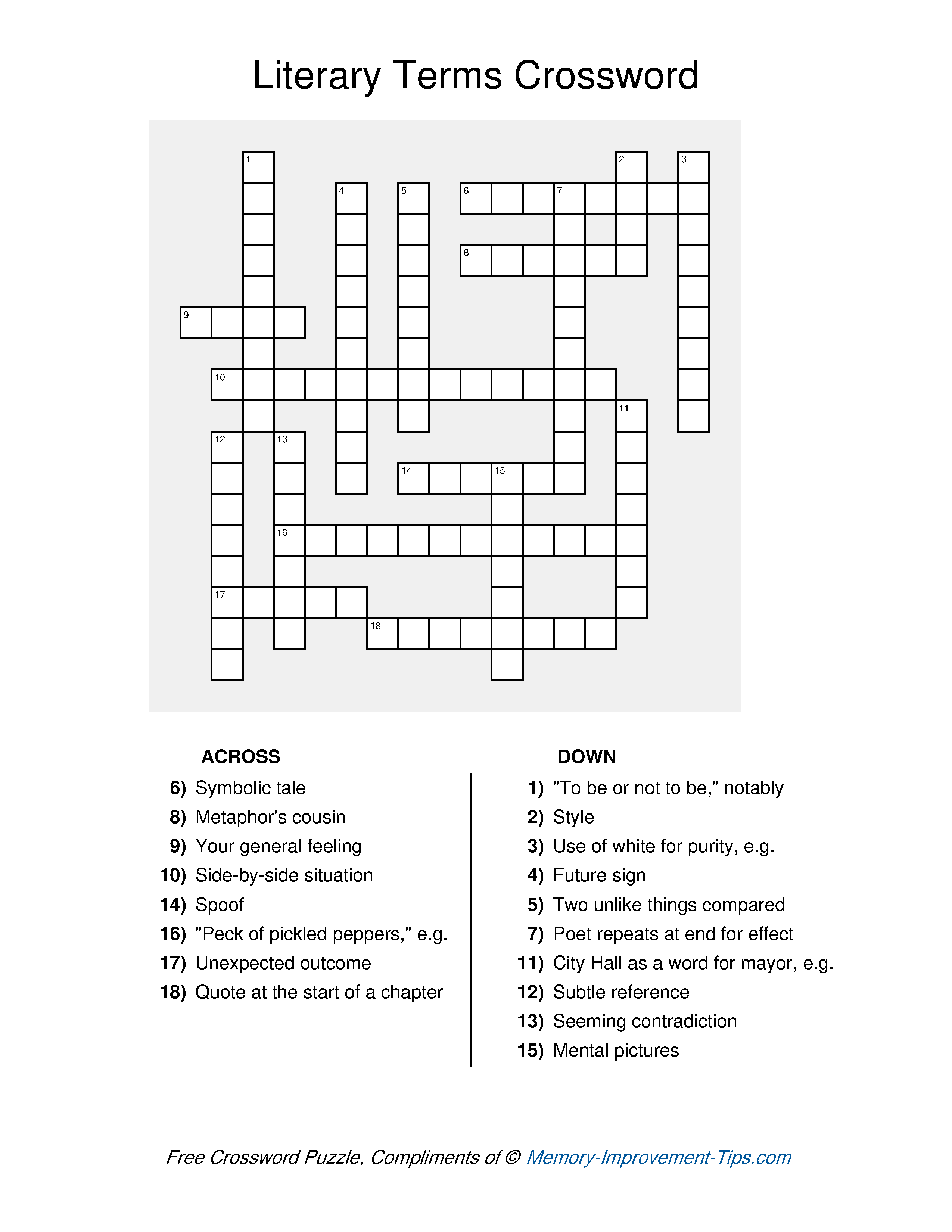 Free printable Literary Terms Crossword Puzzle with clues