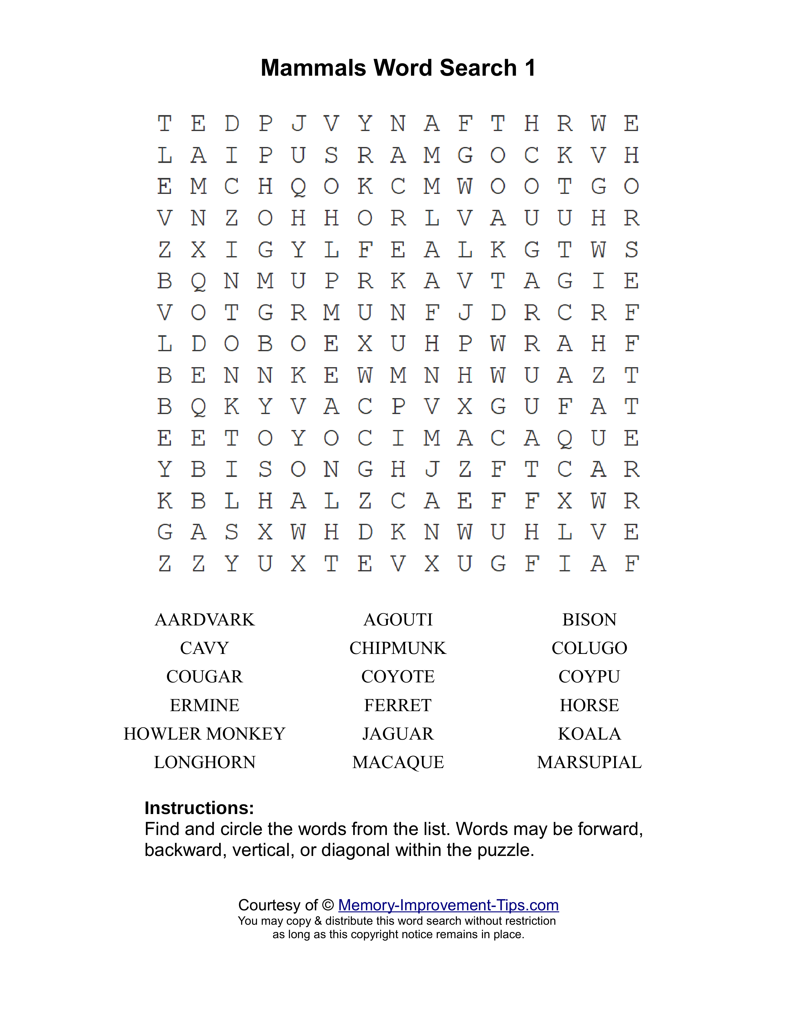 Mammals 1 word search printable puzzle