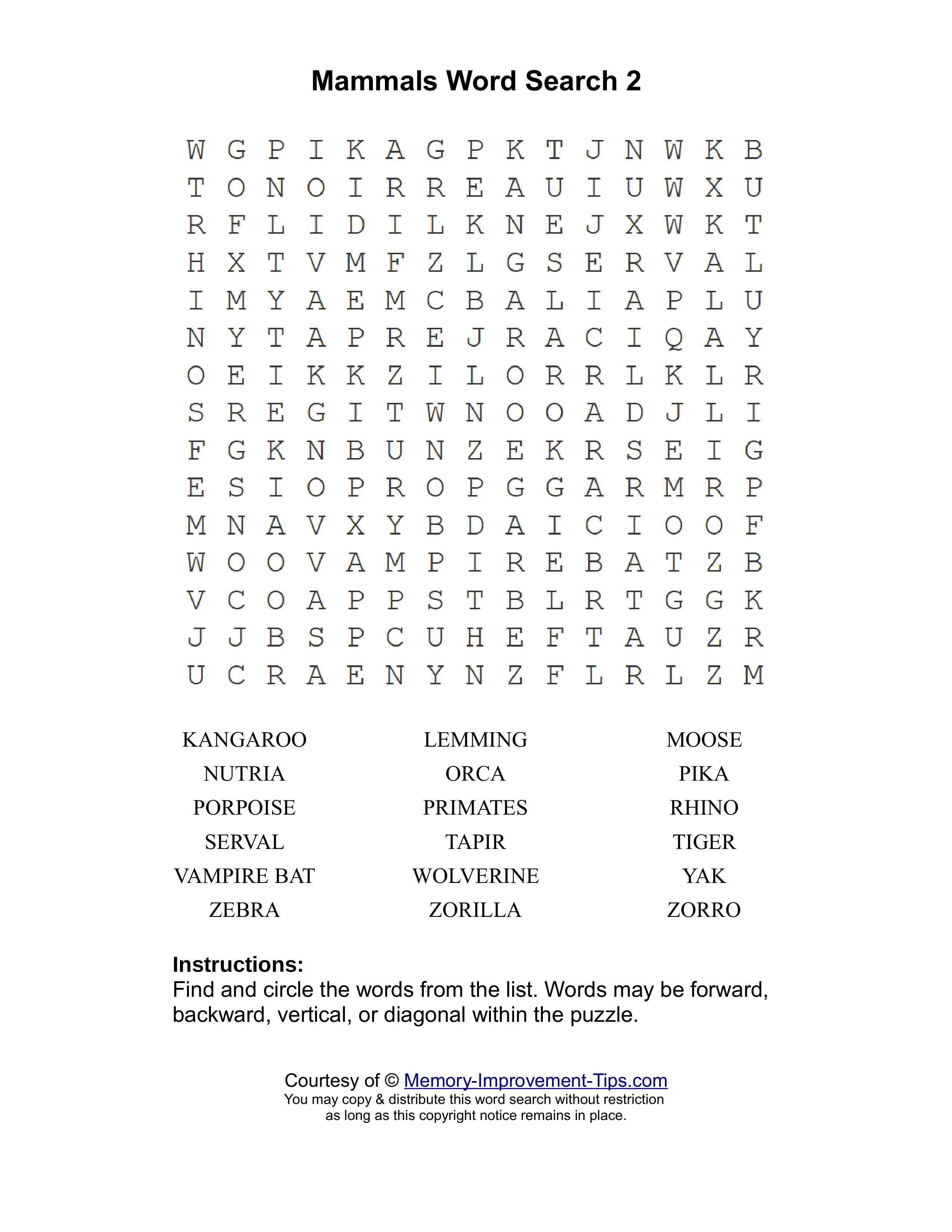 Mammals 2 word search printable puzzle