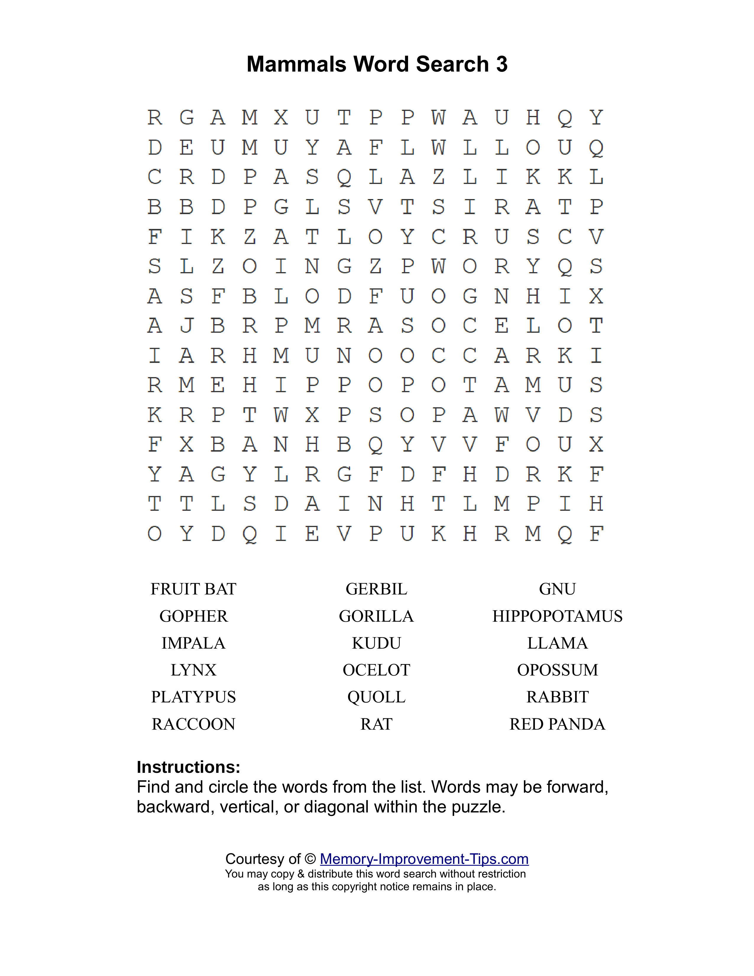 Mammals 3 word search printable puzzle