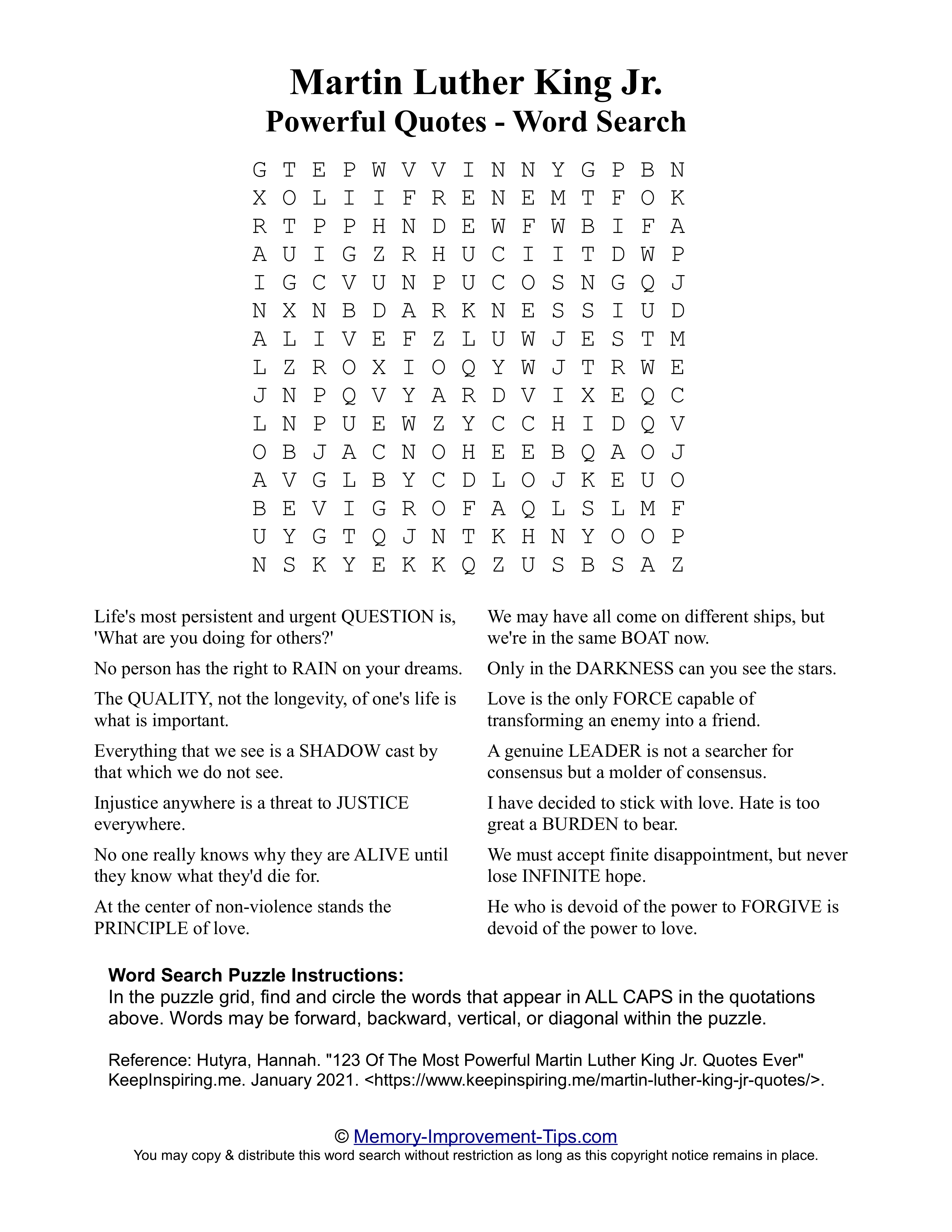 MLK Jr. Quotes word search printable puzzle