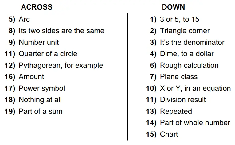 Math Vocabulary Crossword Puzzle Clues