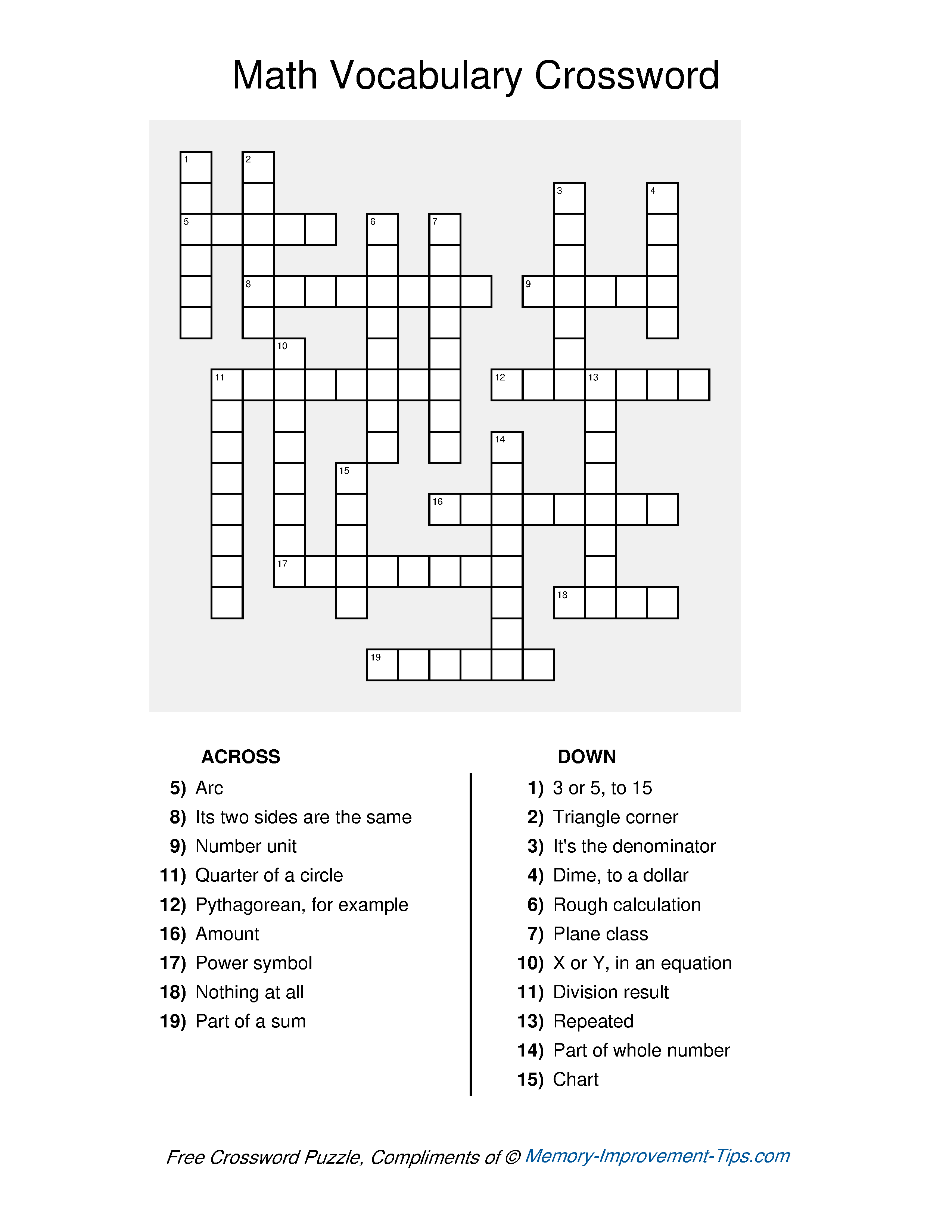 Free printable Math Vocabulary Crossword Puzzle with clues