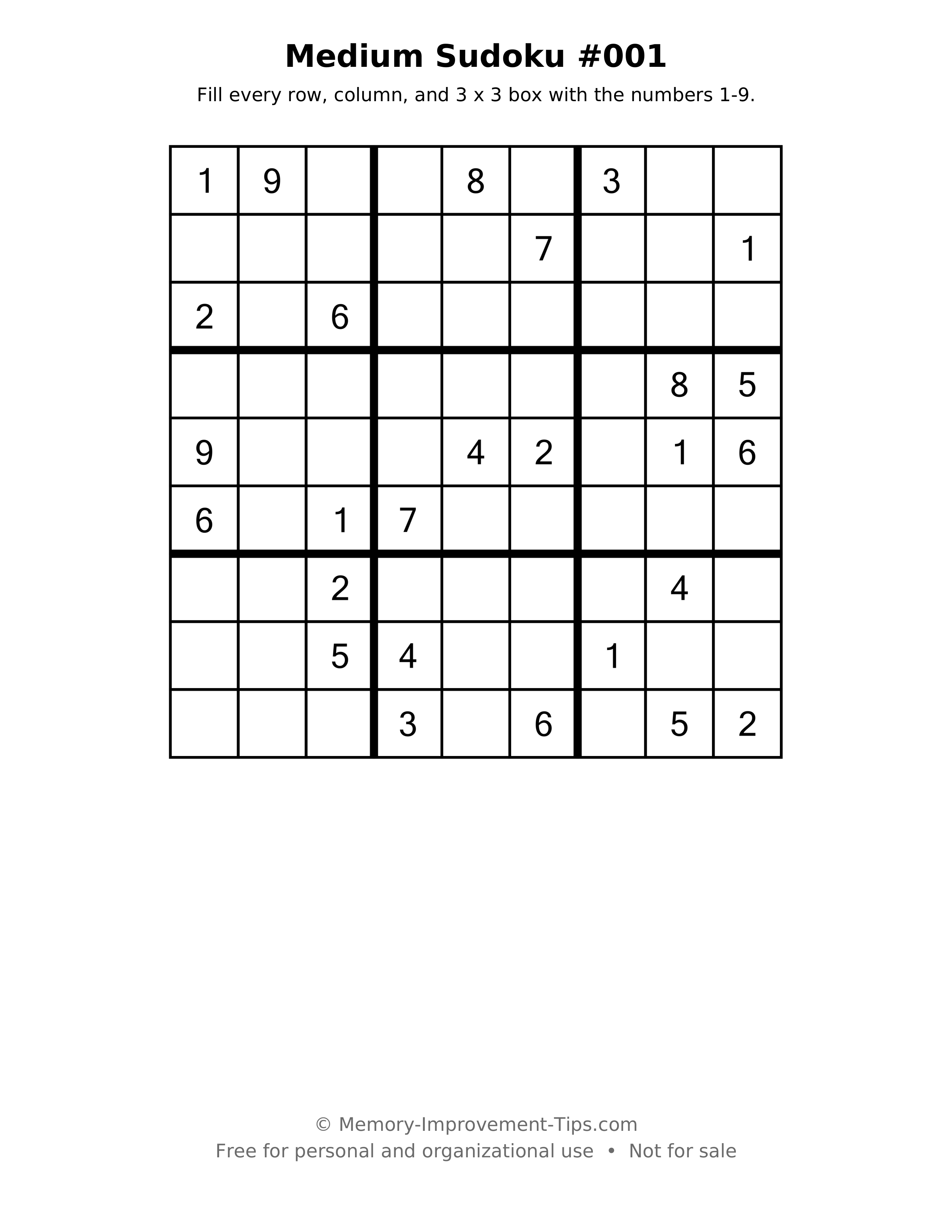 Printable puzzle: Medium Sudoku #001