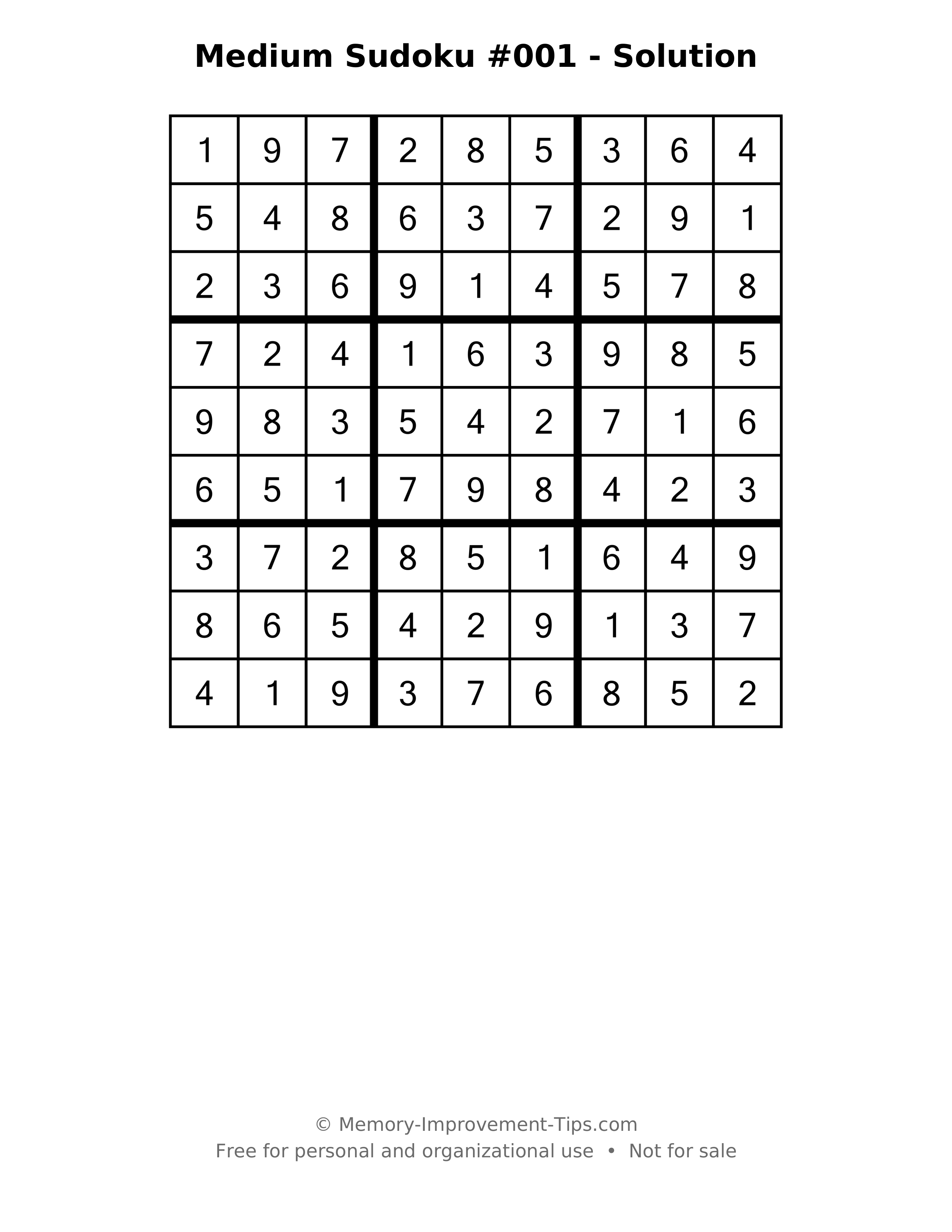 Printable solution: Medium Sudoku #001 - Solution