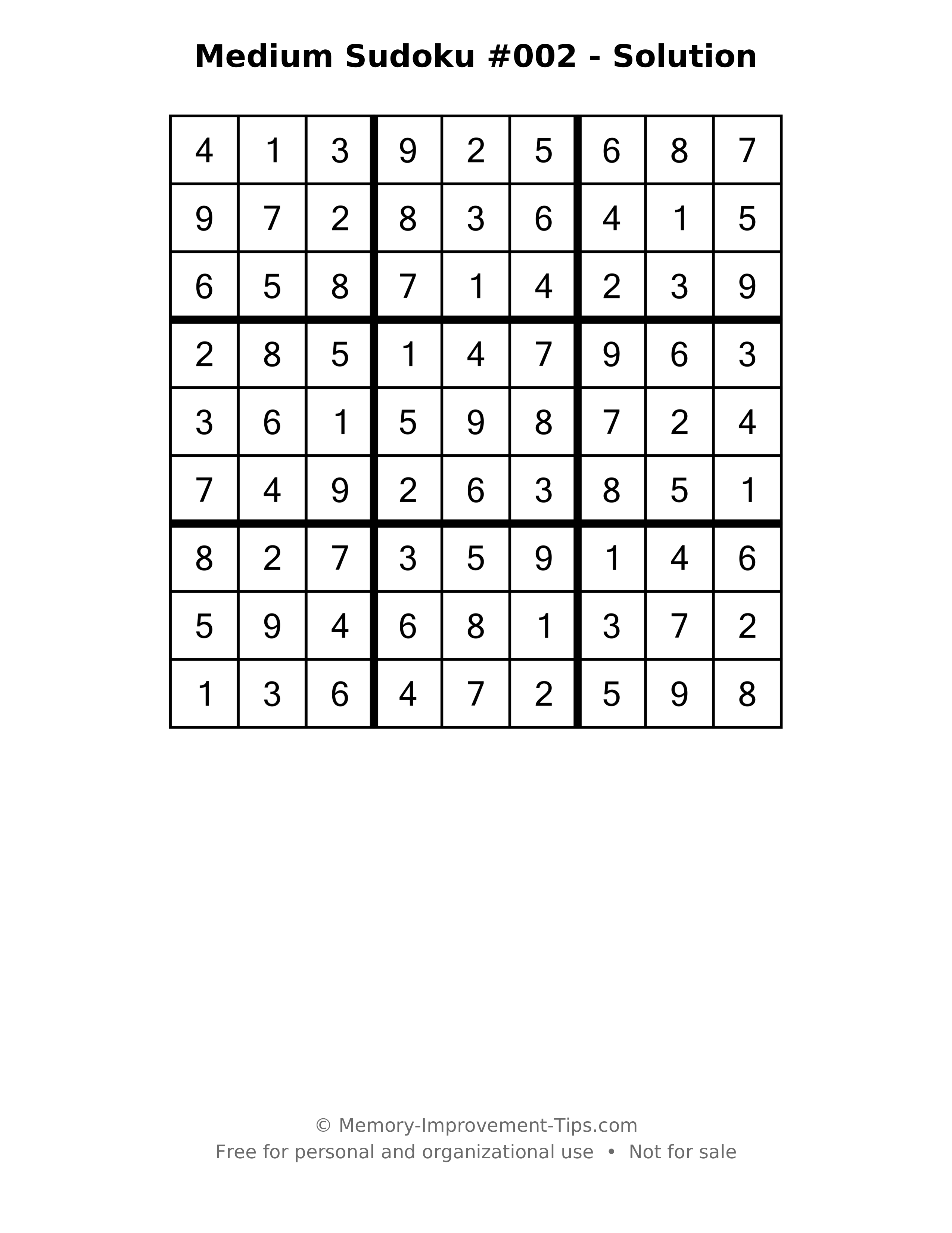 Printable solution: Medium Sudoku #002 - Solution