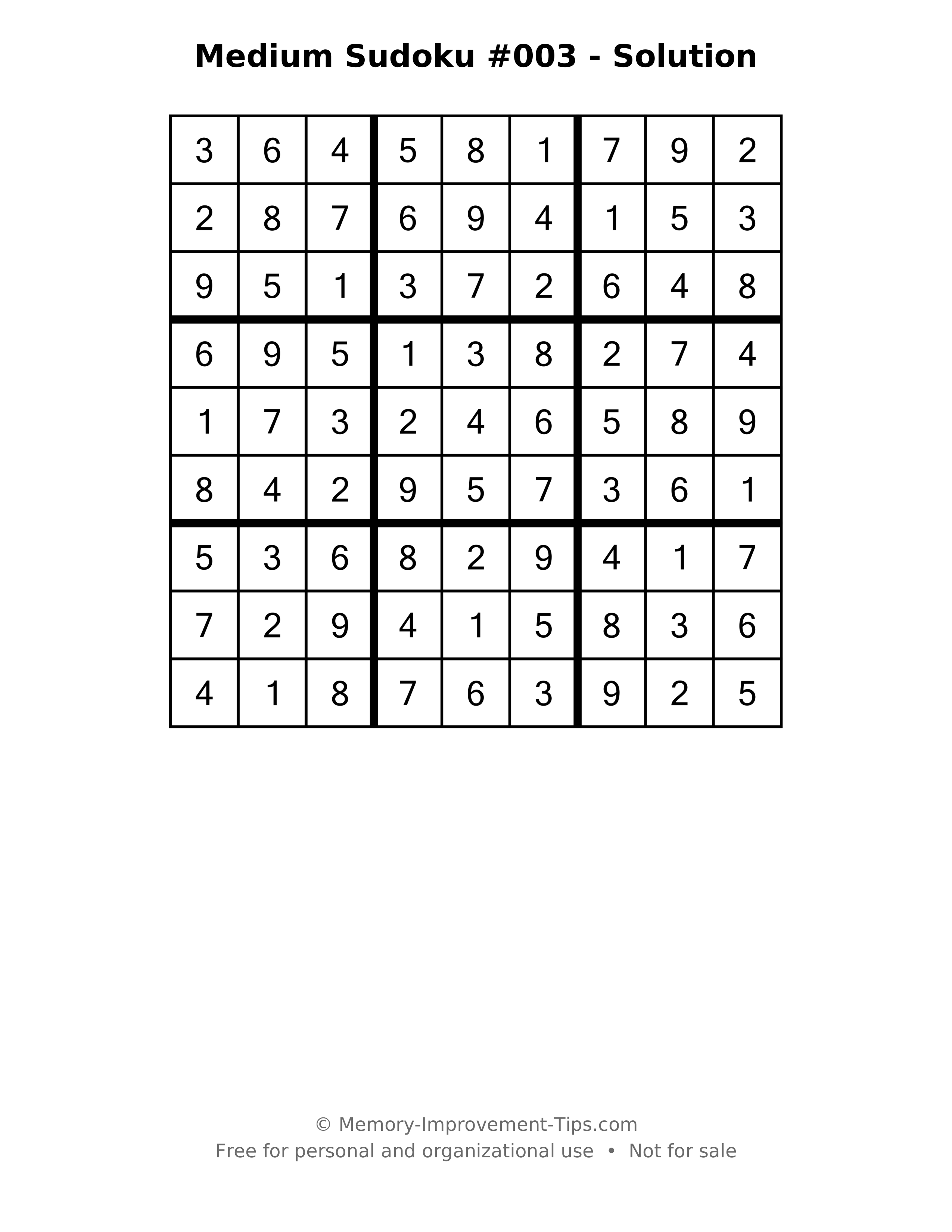 Printable solution: Medium Sudoku #003 - Solution