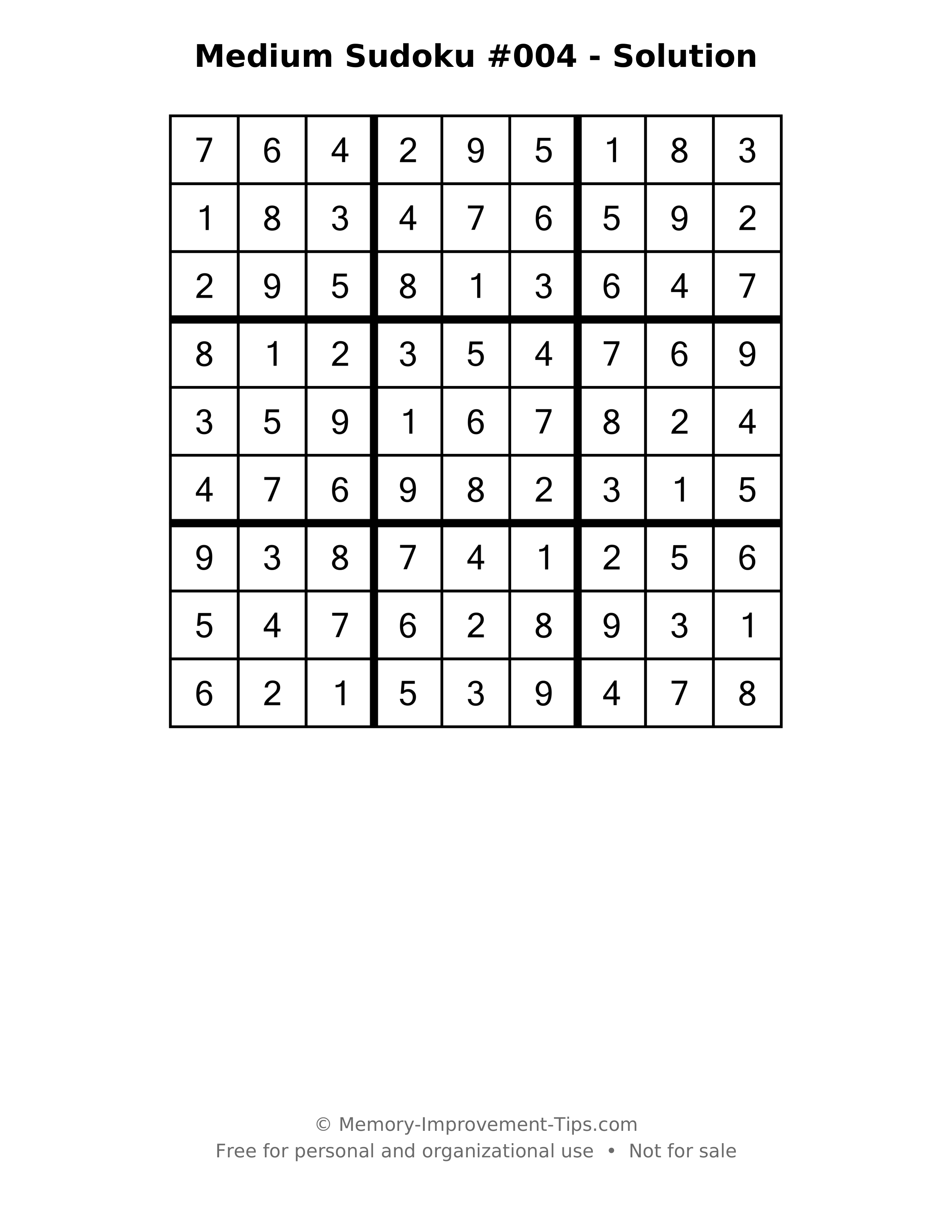 Printable solution: Medium Sudoku #004 - Solution