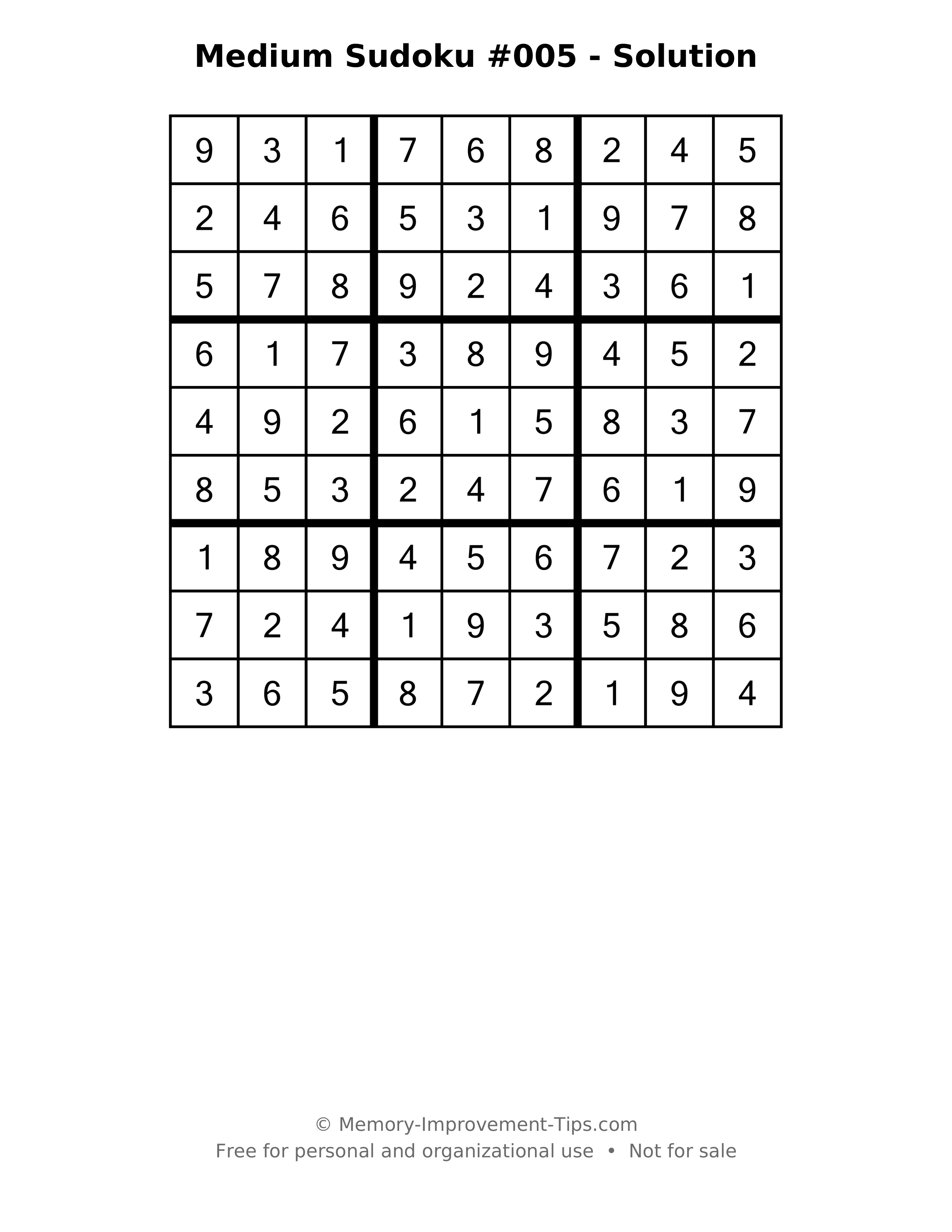 Printable solution: Medium Sudoku #005 - Solution