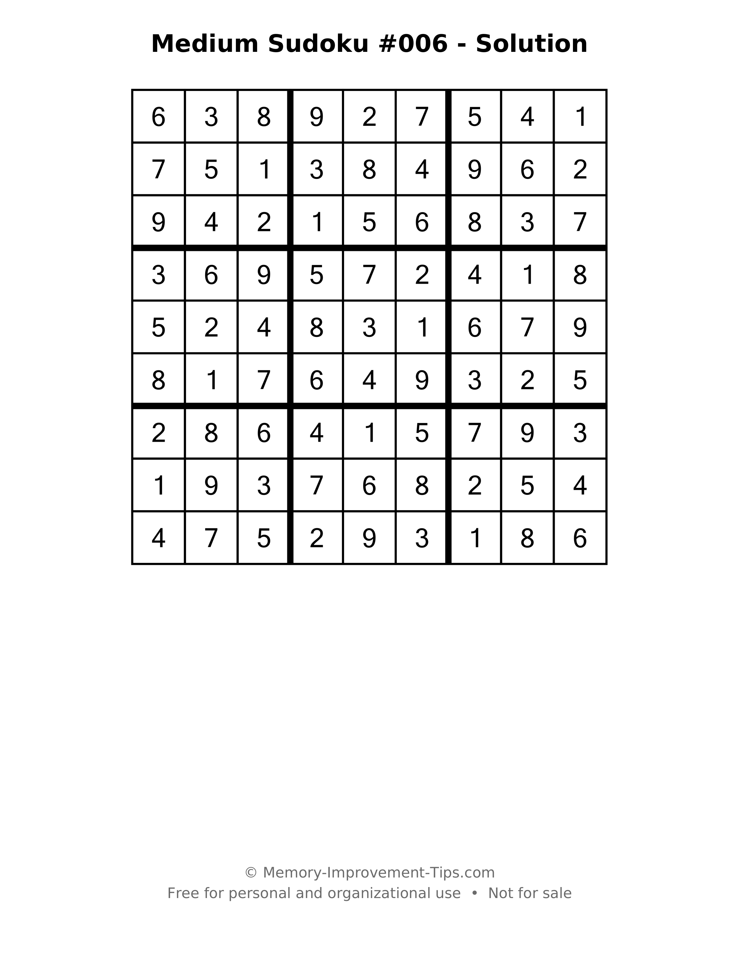 Printable solution: Medium Sudoku #006 - Solution