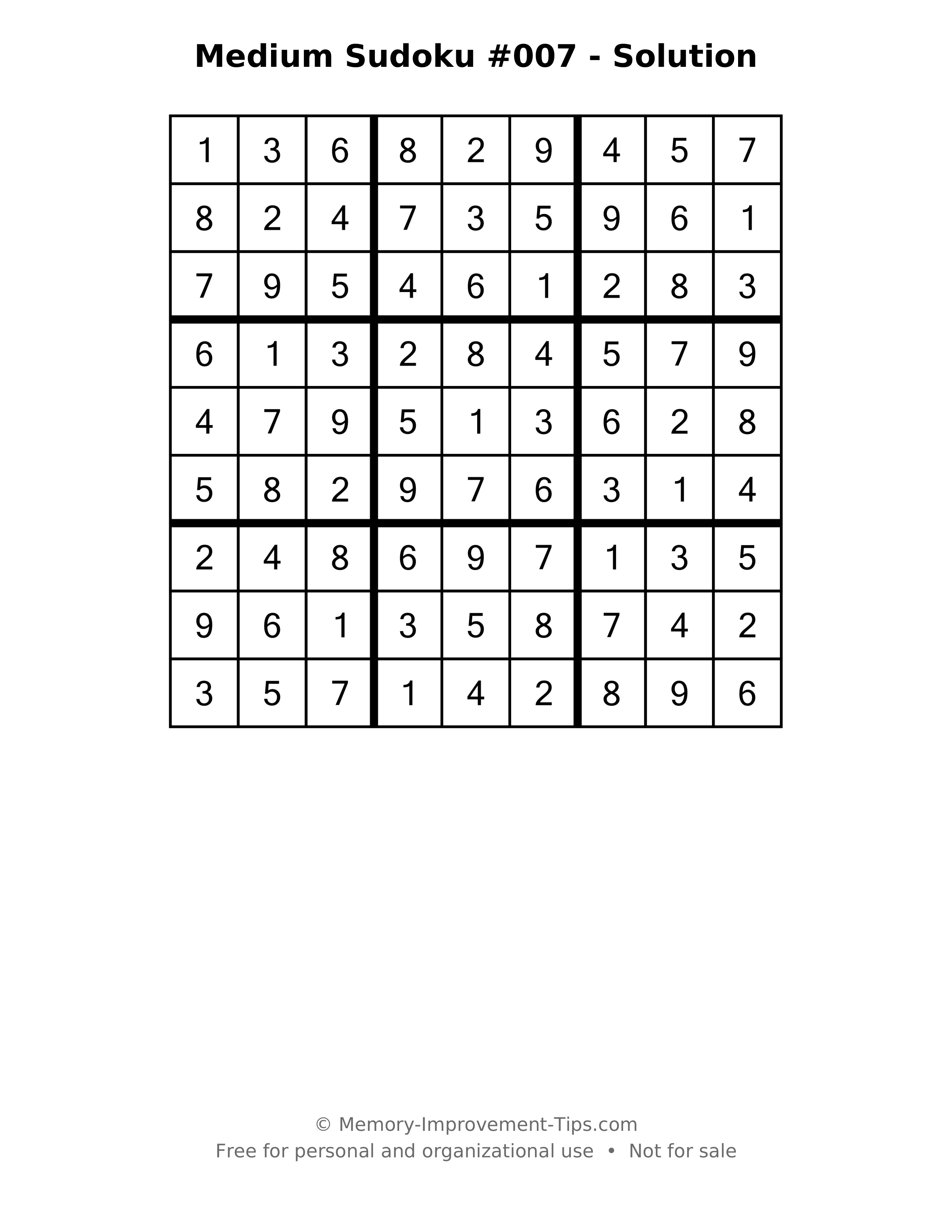 Printable solution: Medium Sudoku #007 - Solution