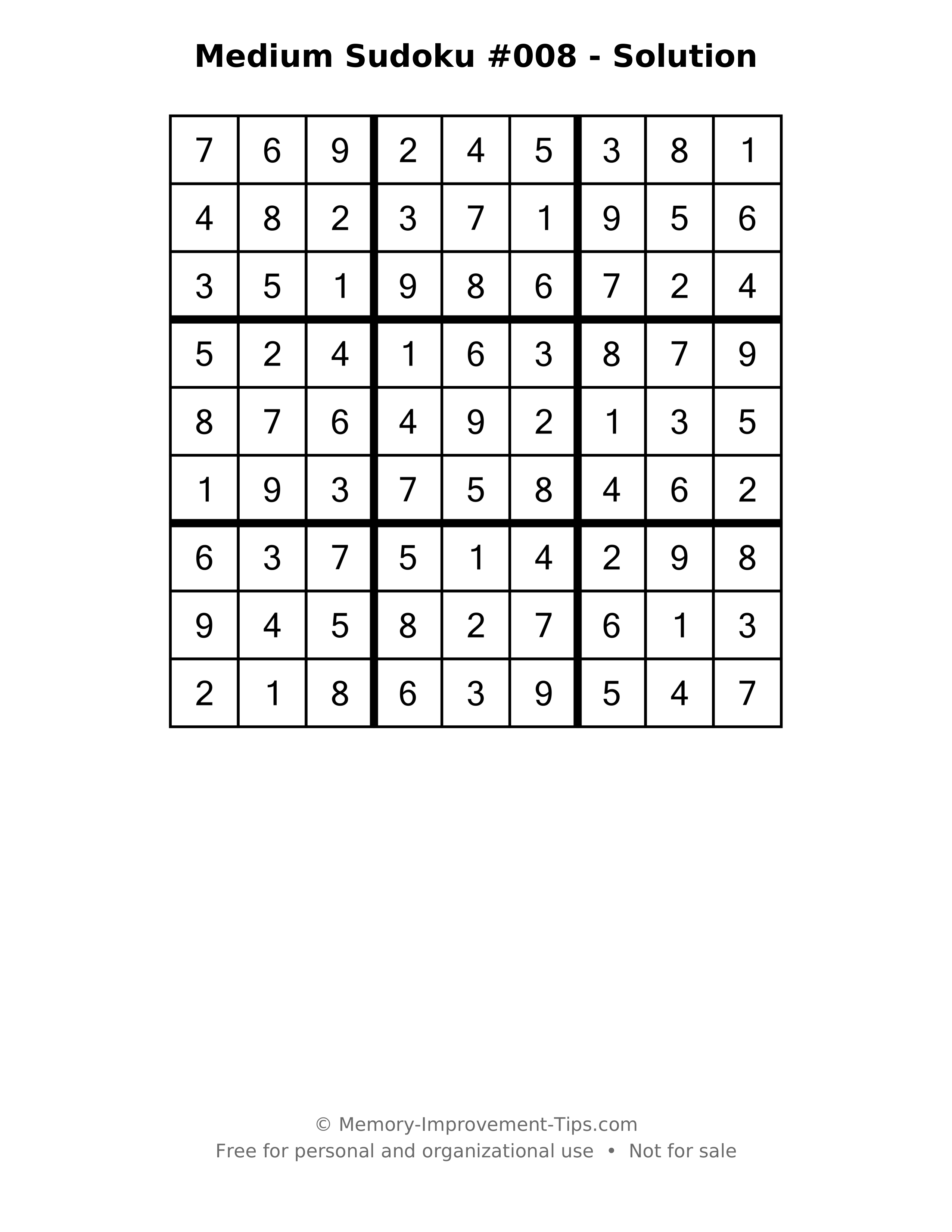 Printable solution: Medium Sudoku #008 - Solution