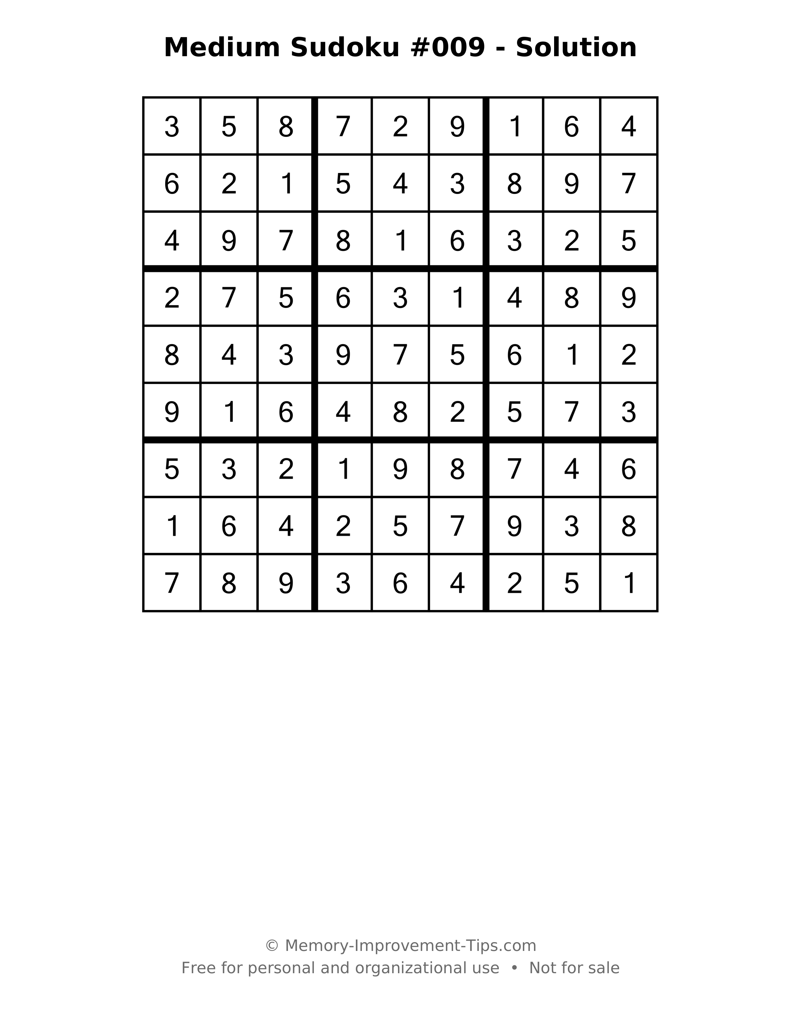 Printable solution: Medium Sudoku #009 - Solution