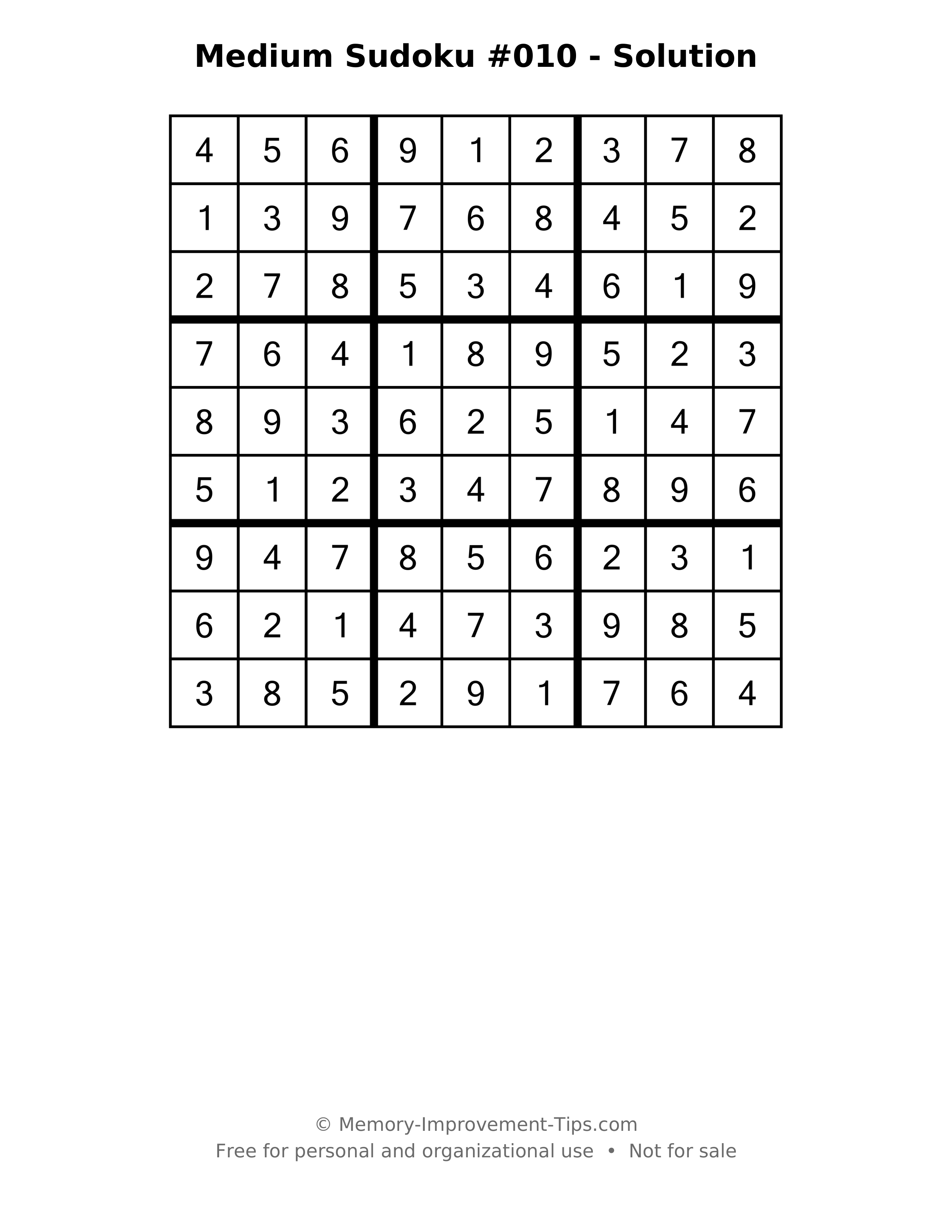 Printable solution: Medium Sudoku #010 - Solution