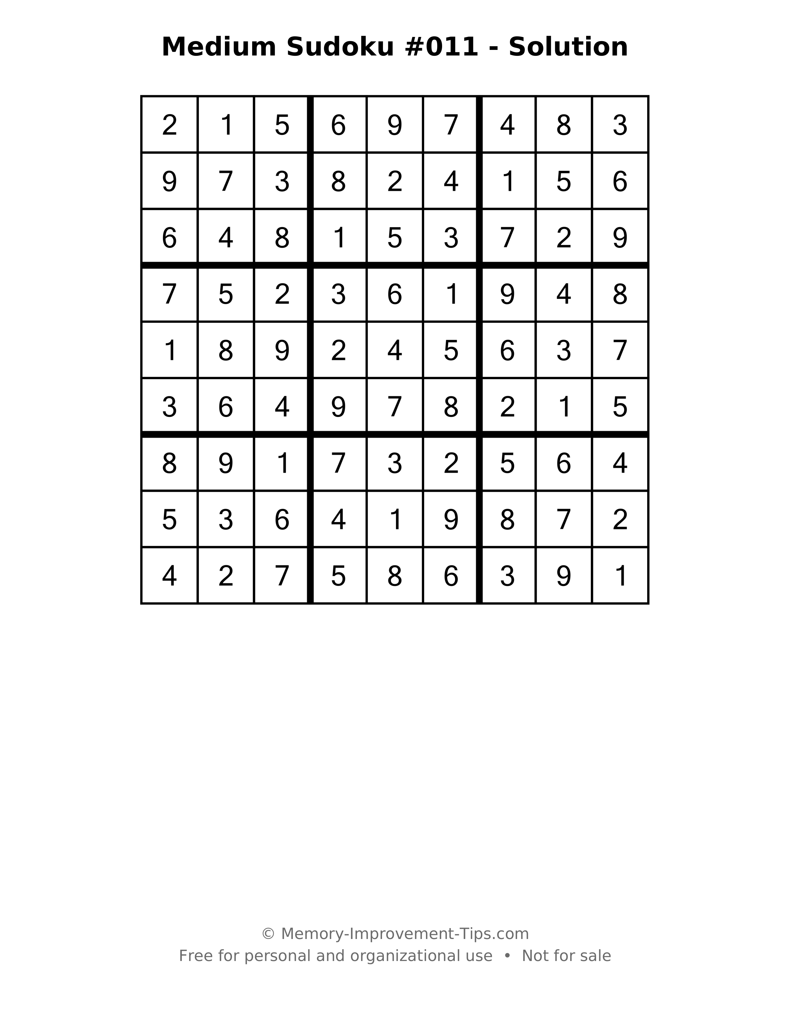 Printable solution: Medium Sudoku #011 - Solution