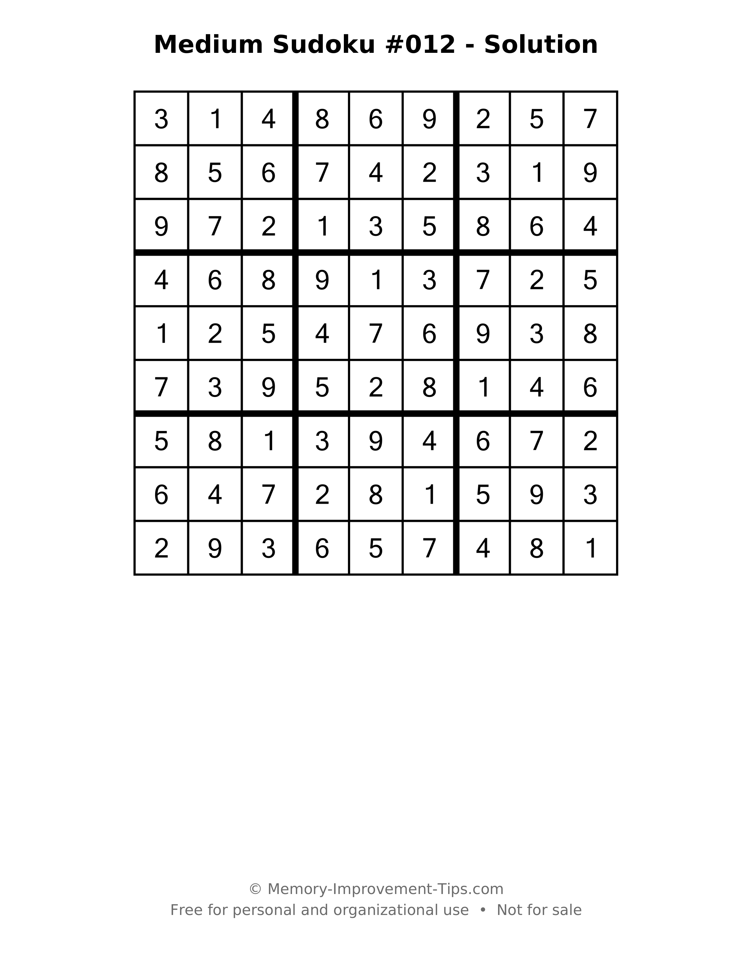 Printable solution: Medium Sudoku #012 - Solution