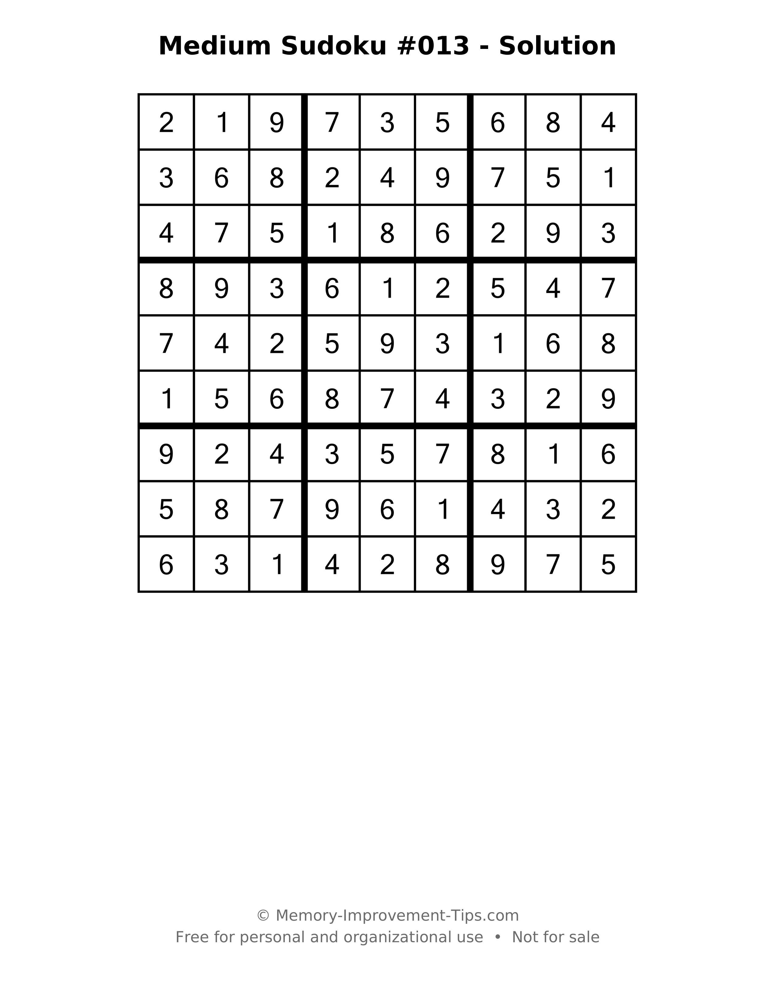 Printable solution: Medium Sudoku #013 - Solution