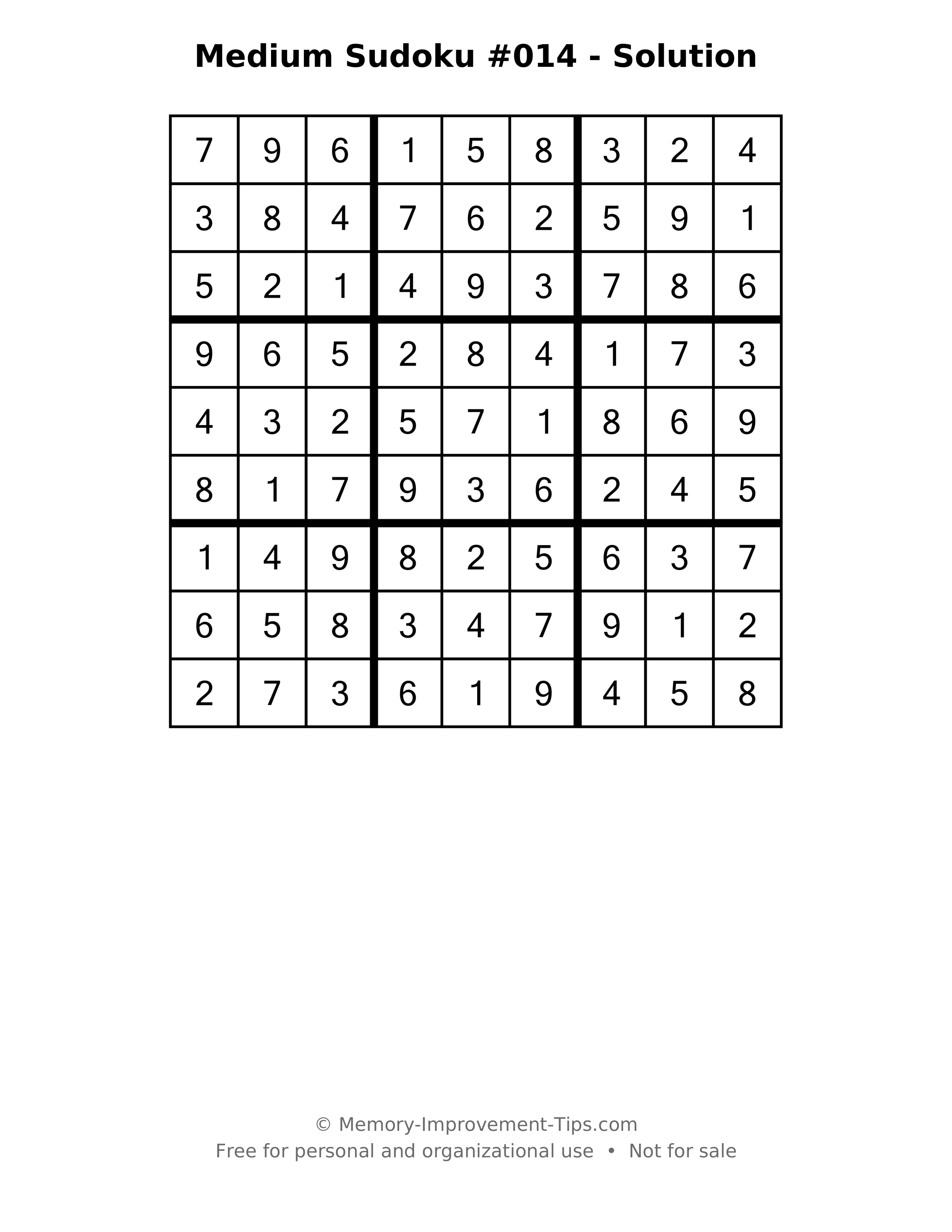 Printable solution: Medium Sudoku #014 - Solution