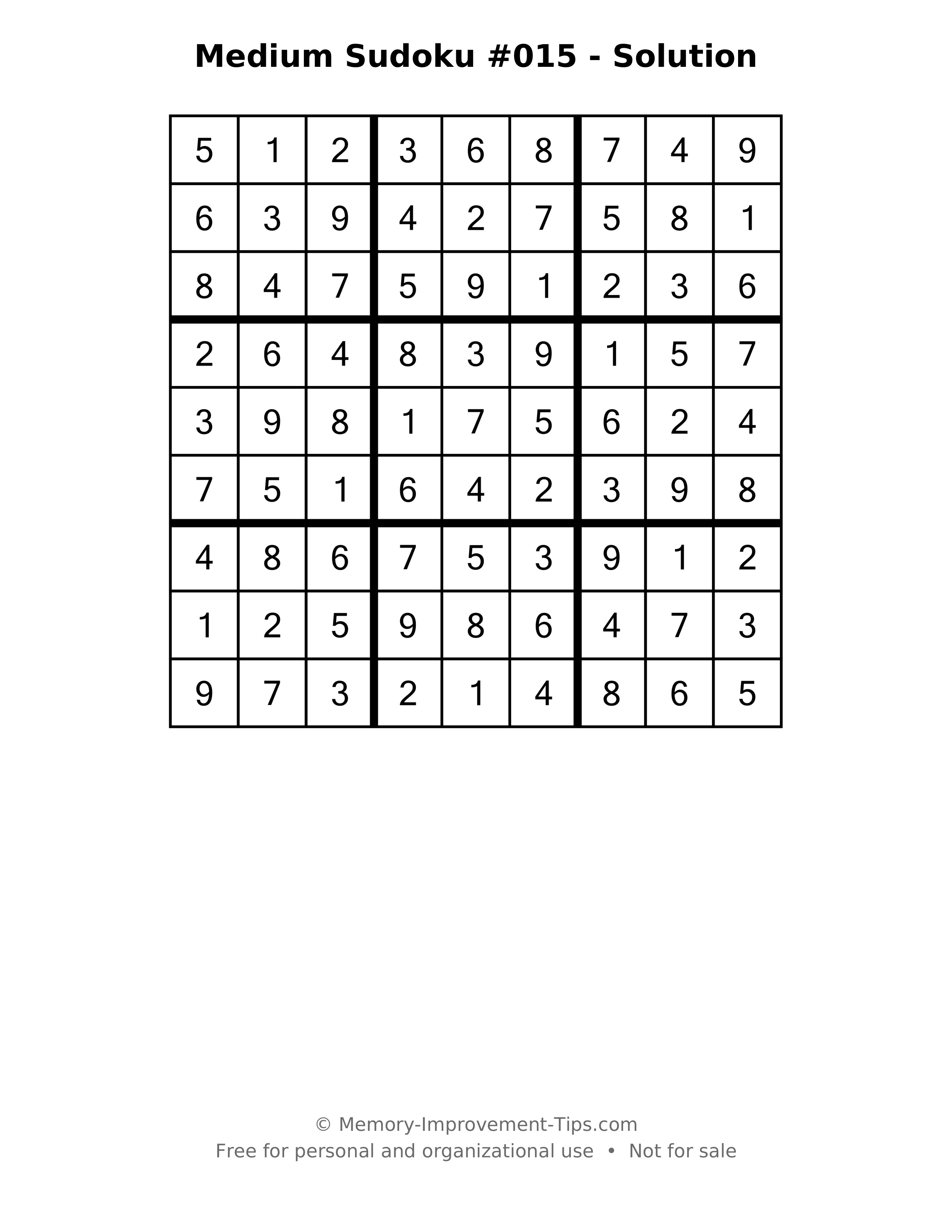 Printable solution: Medium Sudoku #015 - Solution