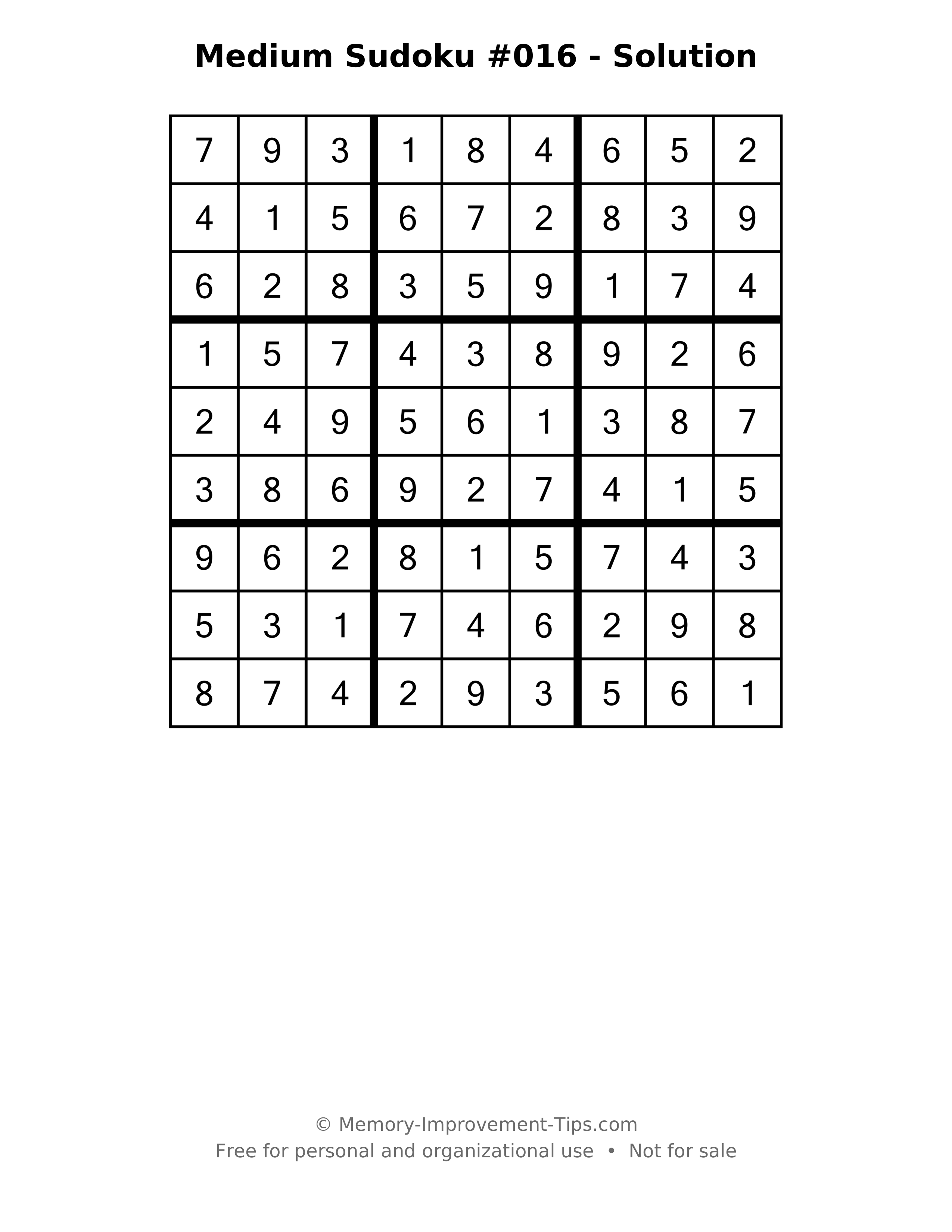 Printable solution: Medium Sudoku #016 - Solution