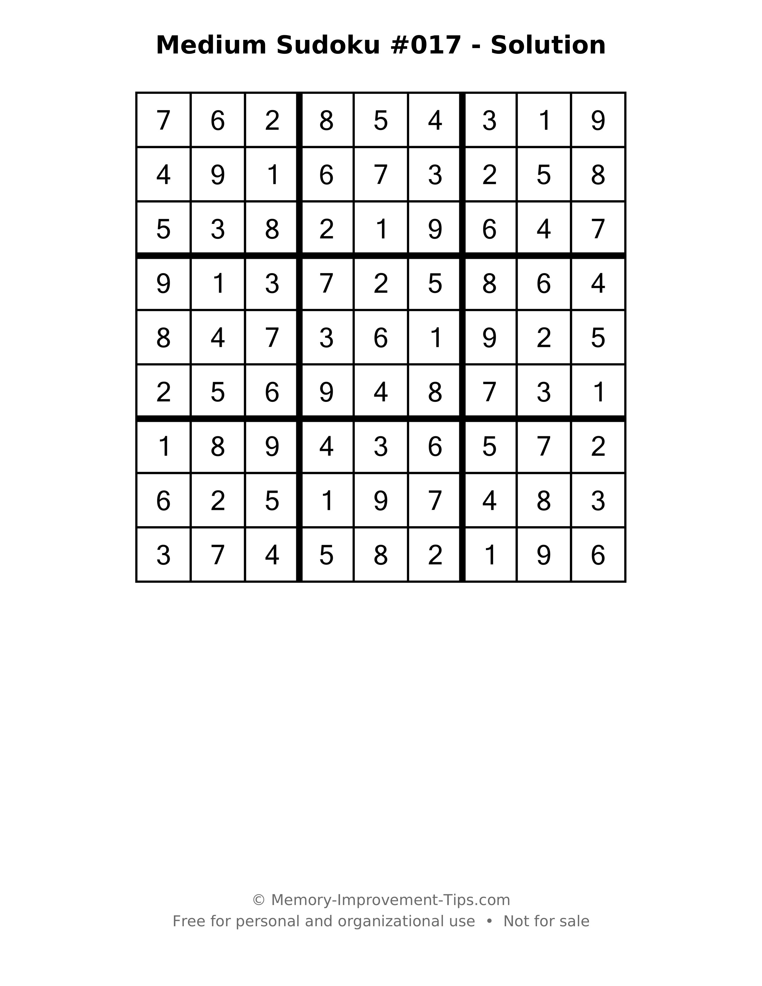Printable solution: Medium Sudoku #017 - Solution