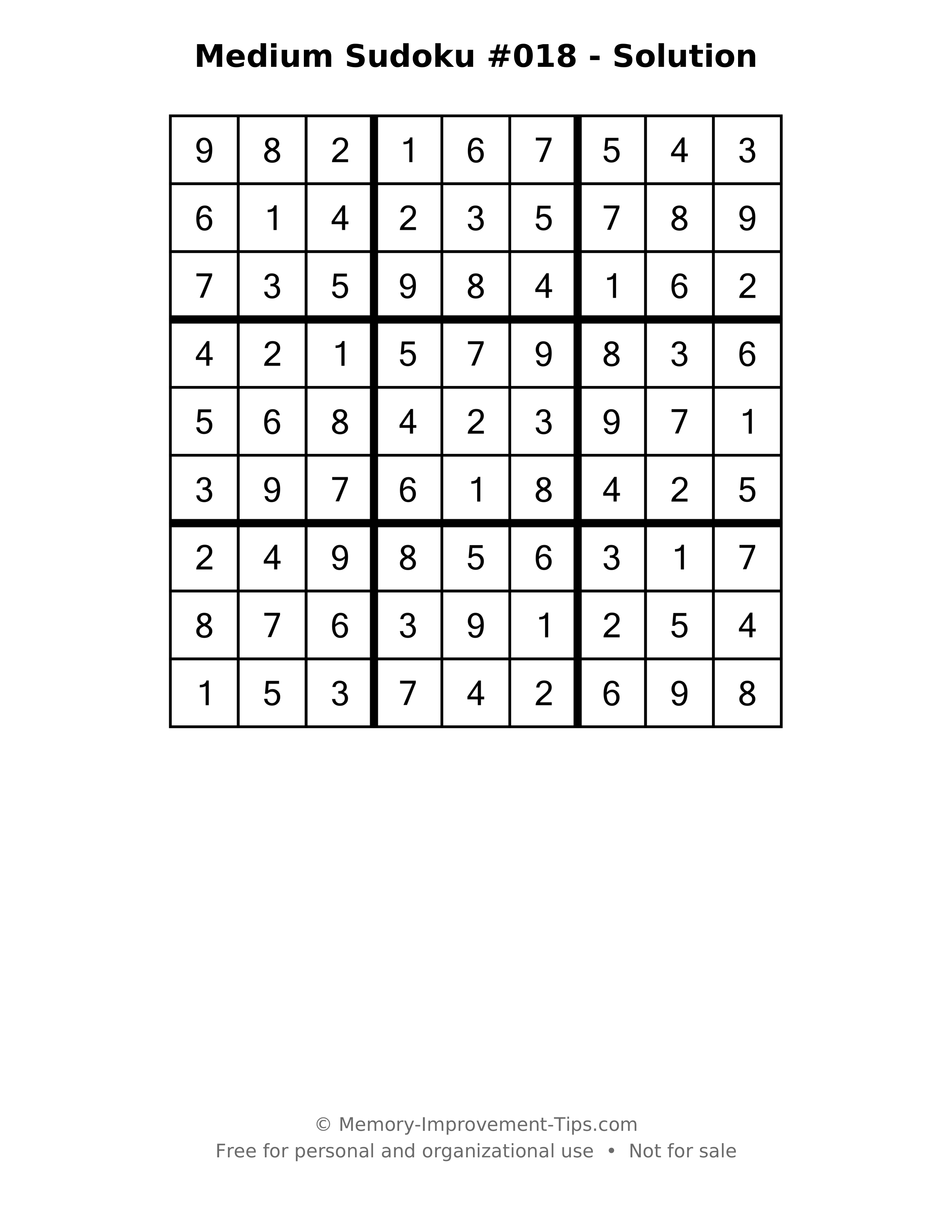 Printable solution: Medium Sudoku #018 - Solution