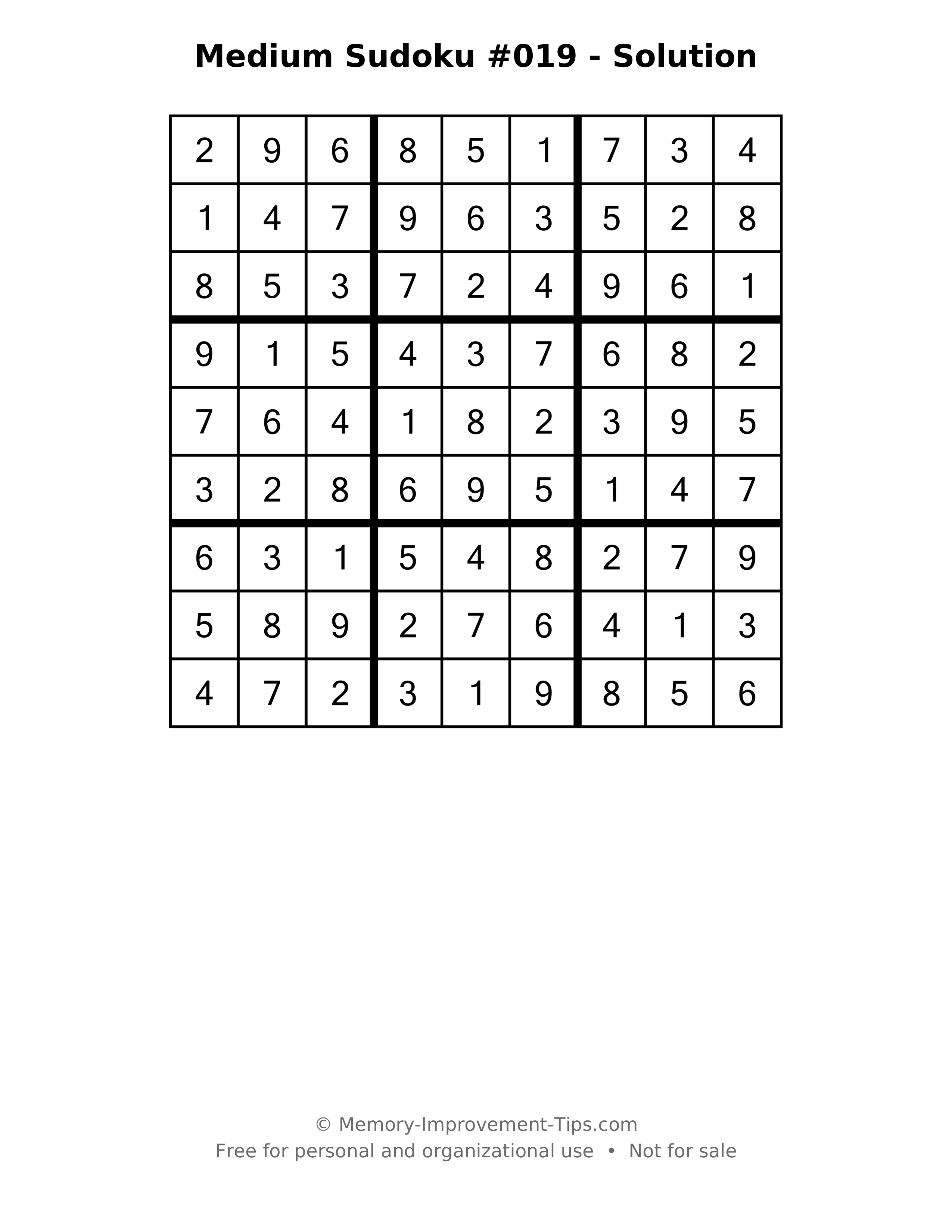 Printable solution: Medium Sudoku #019 - Solution